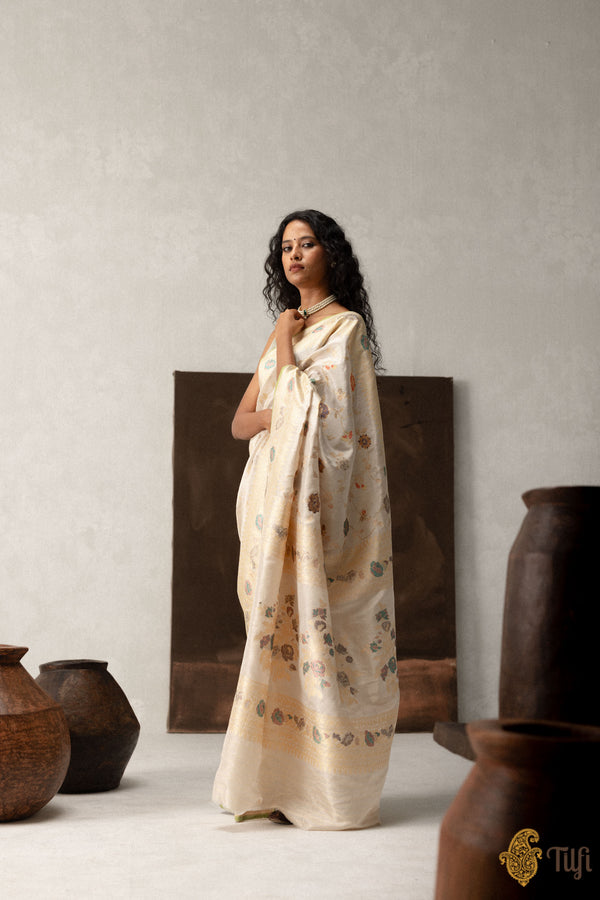 'Urja' Off-White Katan Silk by Tissue Kadwa Meena Jangla Saree - Tilfi