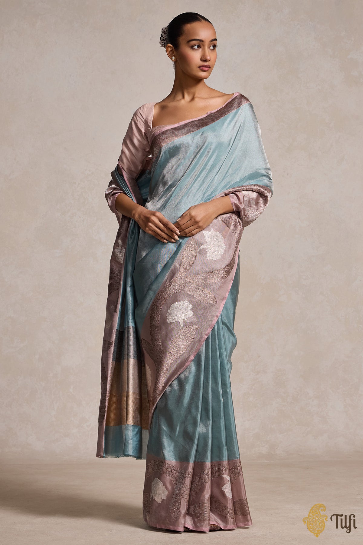 &#39;Zuhra&#39; Dusty Blue-Dusty Pink  Pure Ektara Silk Tissue Banarasi Handloom Saree