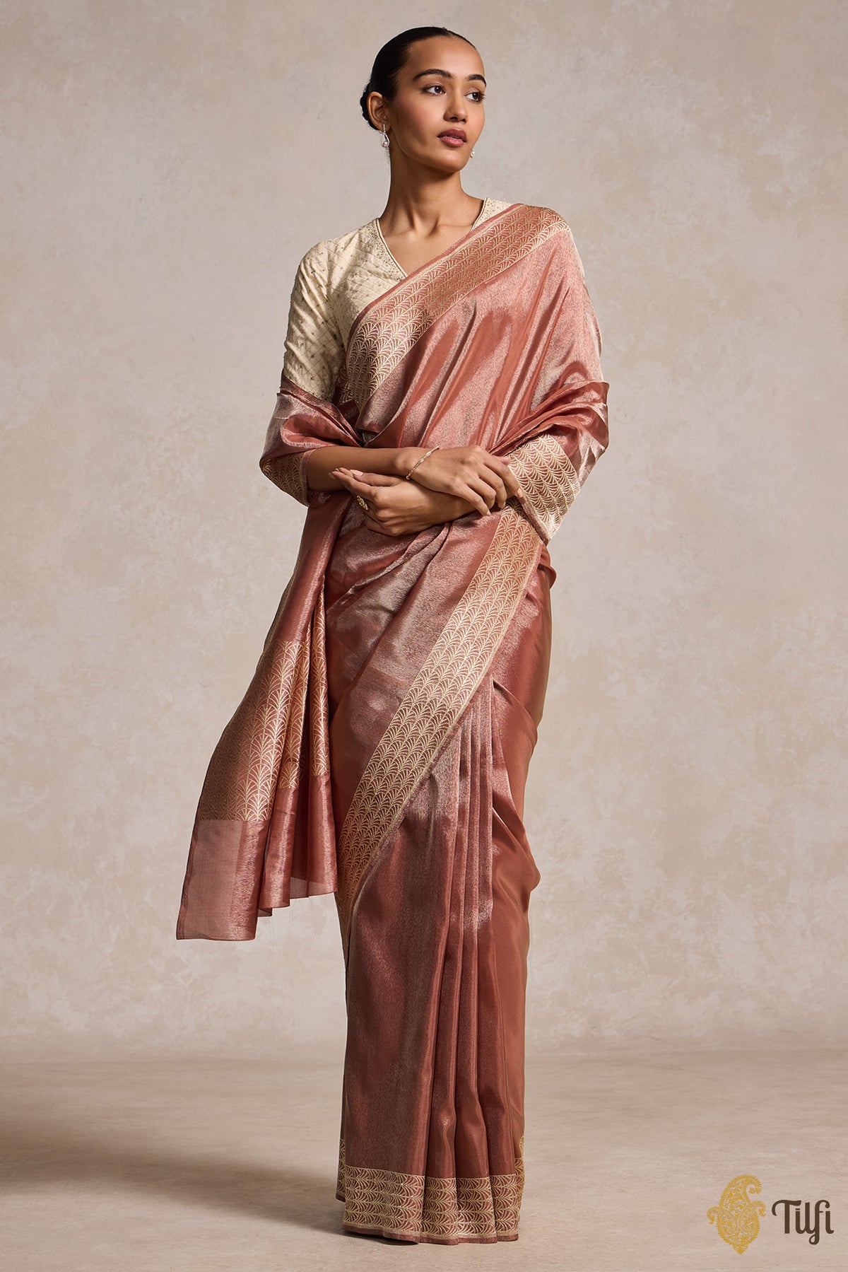 Dark Copper Pure Ektara Silk Tissue Banarasi Handloom Saree