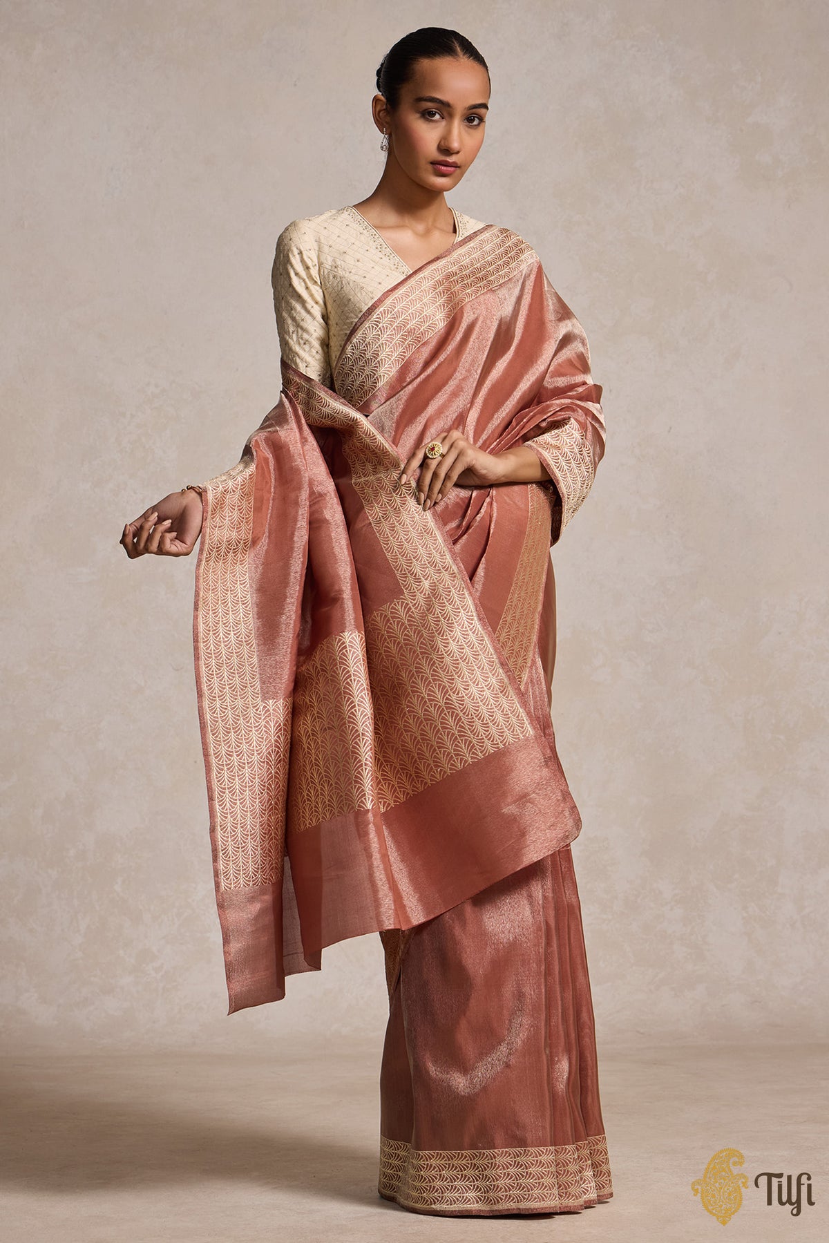 Dark Copper Pure Ektara Silk Tissue Banarasi Handloom Saree