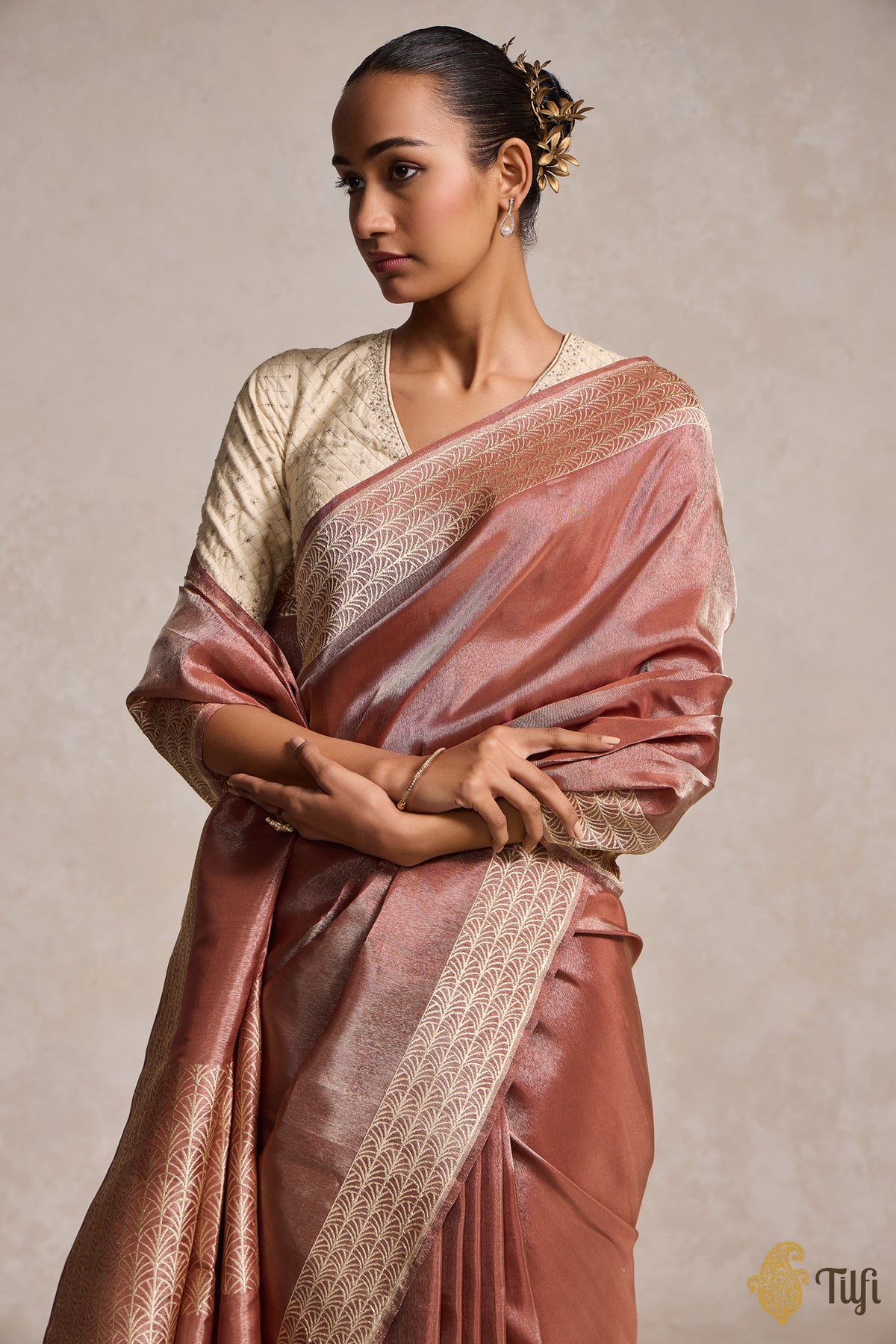 Dark Copper Pure Ektara Silk Tissue Banarasi Handloom Saree