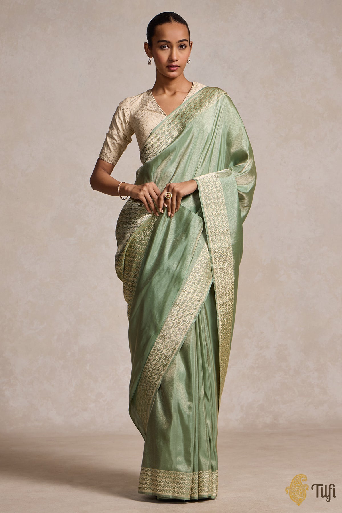 Pre-Order: Mint Green Pure Ektara Silk Tissue Banarasi Handloom Saree