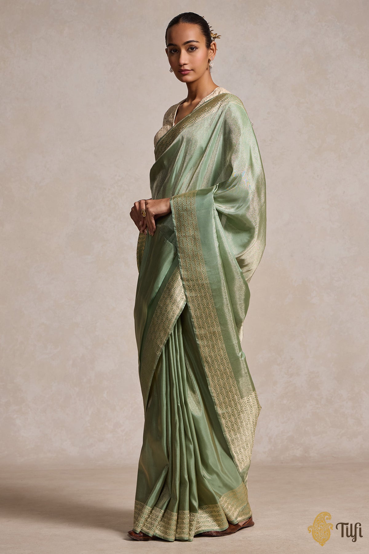 Pre-Order: Mint Green Pure Ektara Silk Tissue Banarasi Handloom Saree