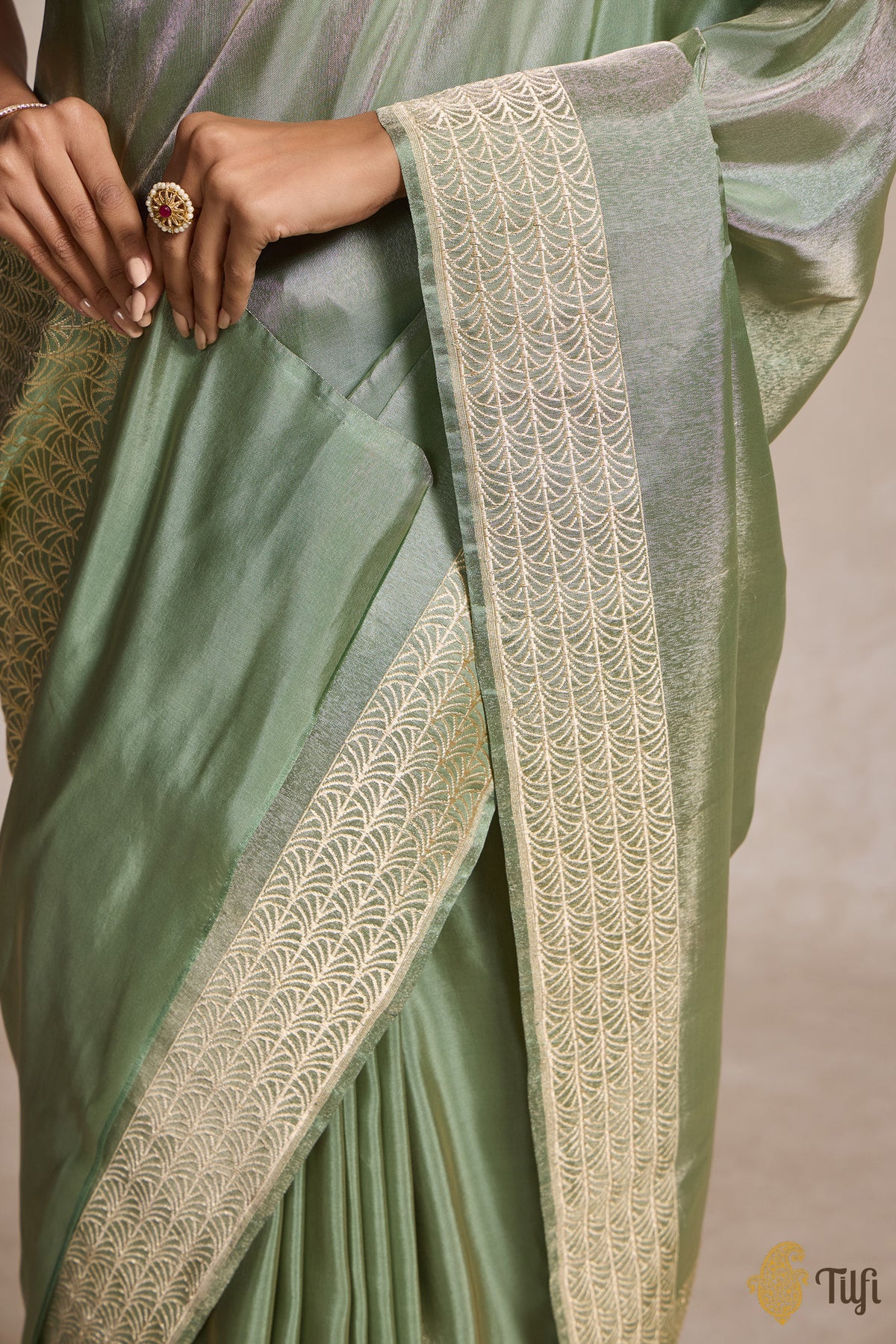 Pre-Order: Mint Green Pure Ektara Silk Tissue Banarasi Handloom Saree