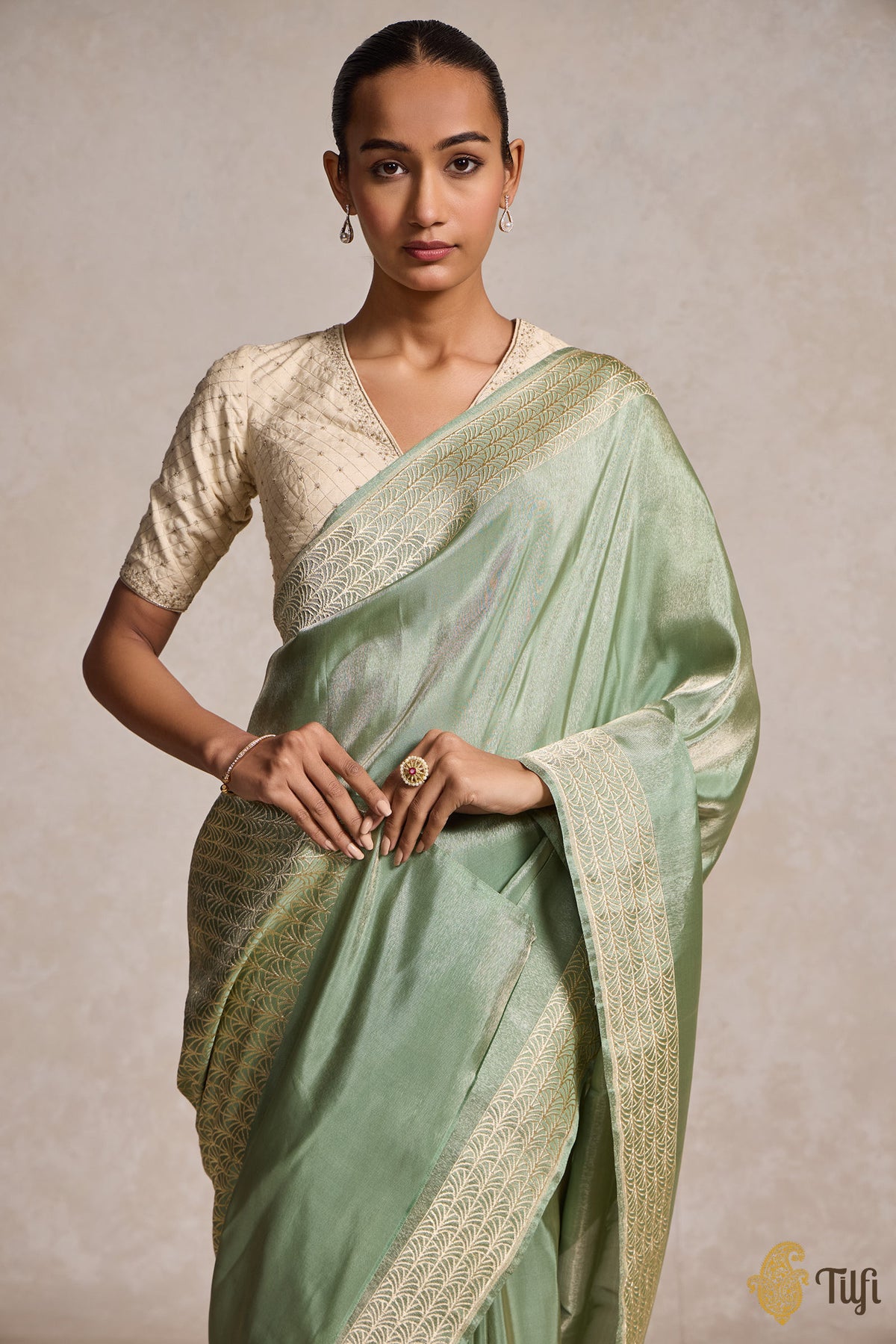 Pre-Order: Mint Green Pure Ektara Silk Tissue Banarasi Handloom Saree