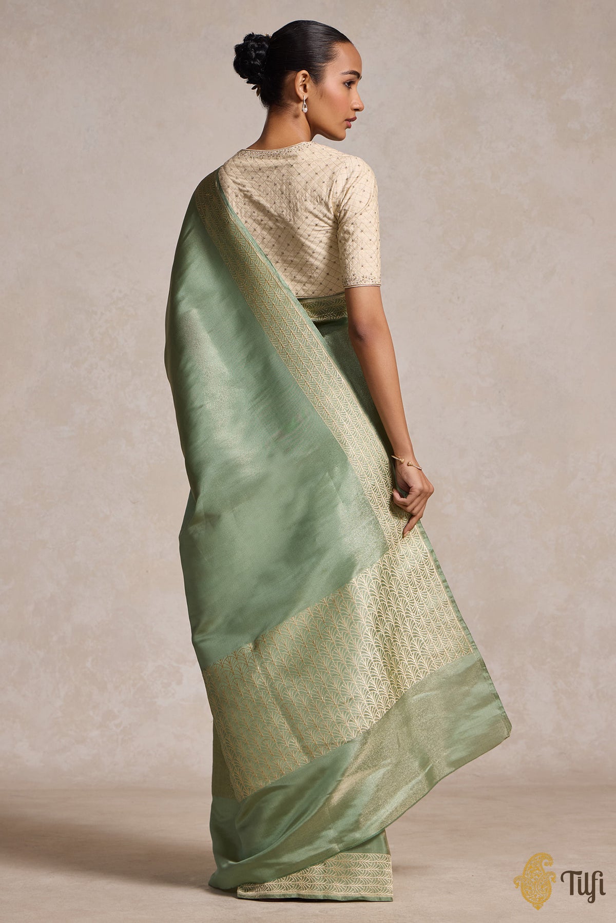 Pre-Order: Mint Green Pure Ektara Silk Tissue Banarasi Handloom Saree