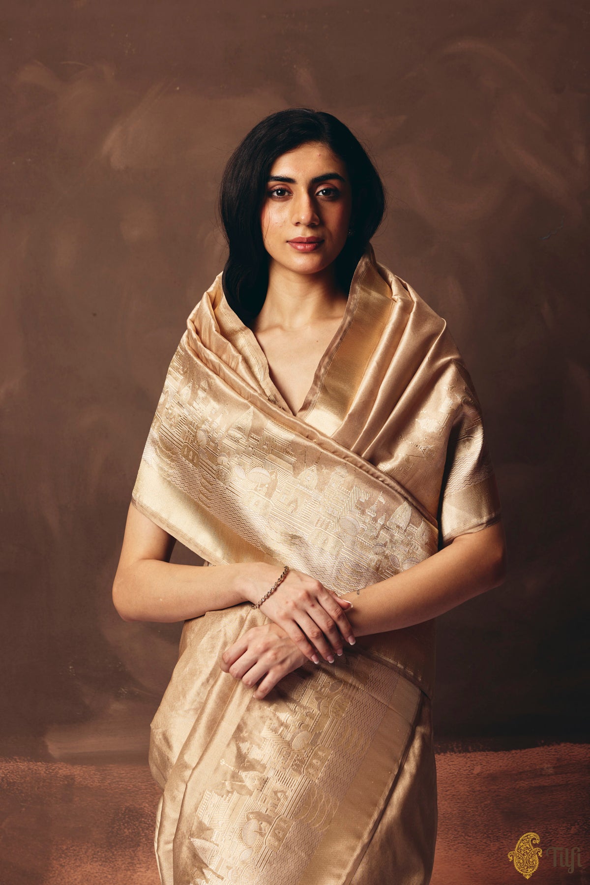 Pre-Order: 'Kashi' Gold Beige Pure Katan Silk Tissue Banarasi Handloom Saree