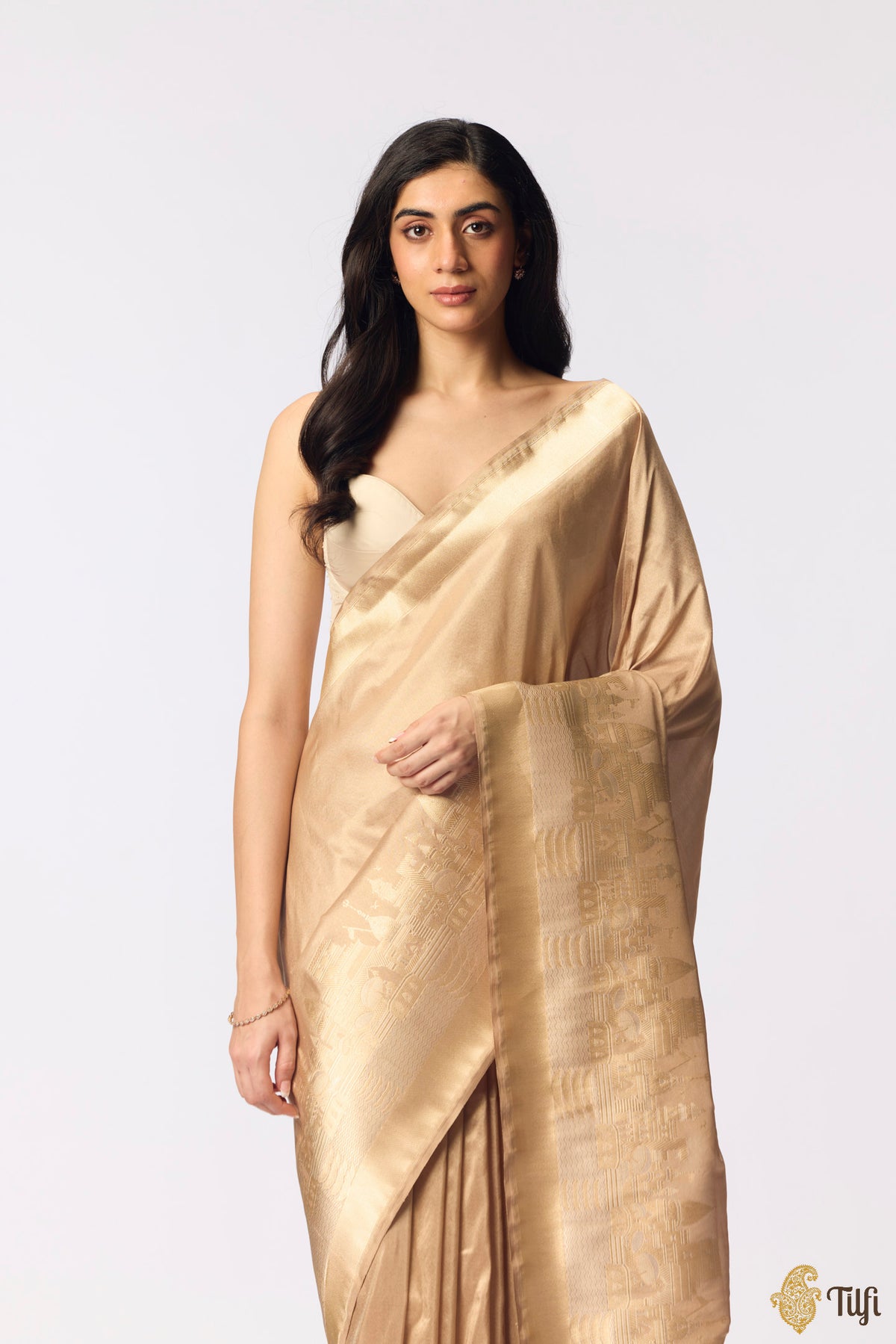 Pre-Order: 'Kashi' Gold Beige Pure Katan Silk Tissue Banarasi Handloom Saree