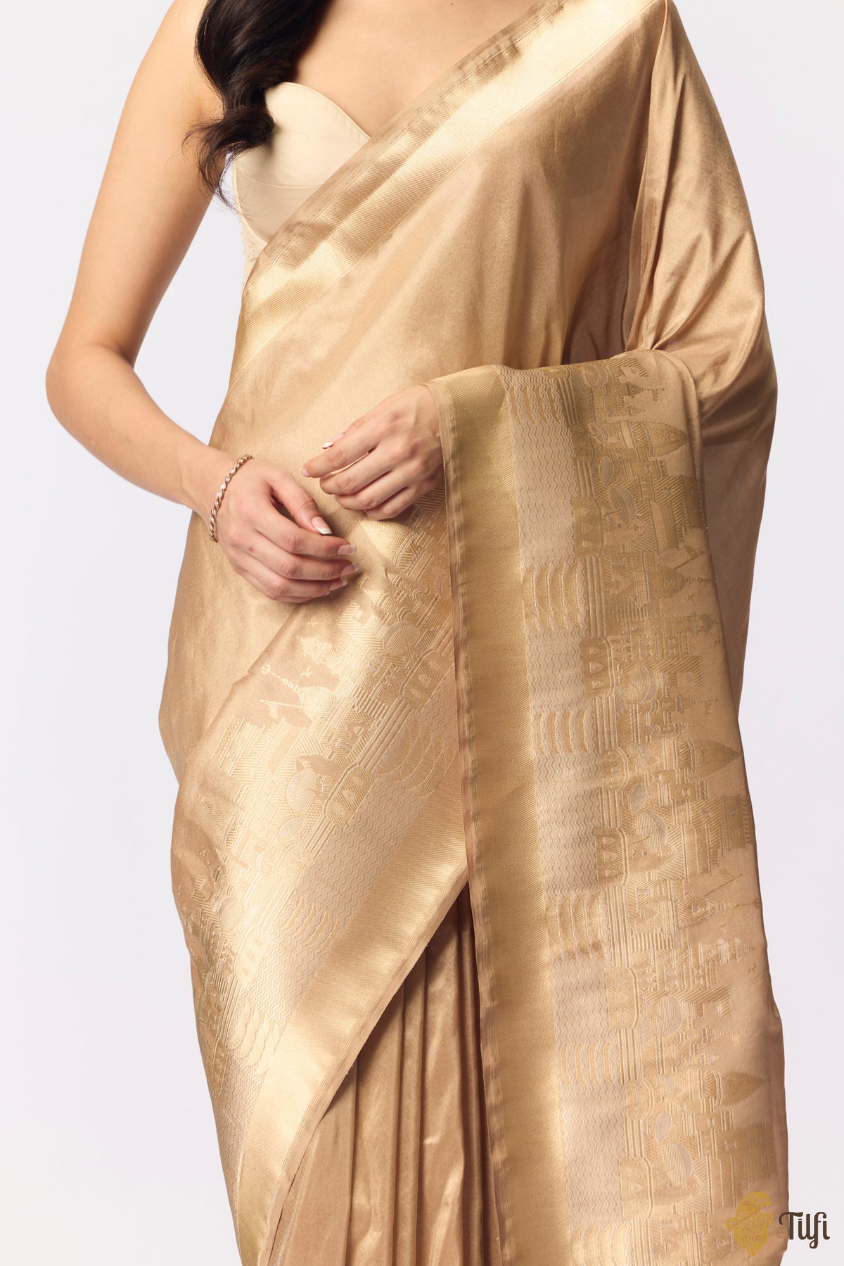 Pre-Order: 'Kashi' Gold Beige Pure Katan Silk Tissue Banarasi Handloom Saree