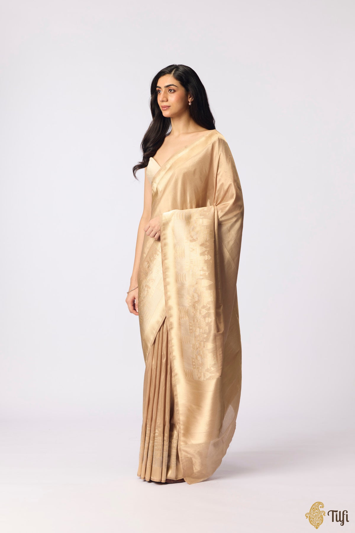 Pre-Order: 'Kashi' Gold Beige Pure Katan Silk Tissue Banarasi Handloom Saree