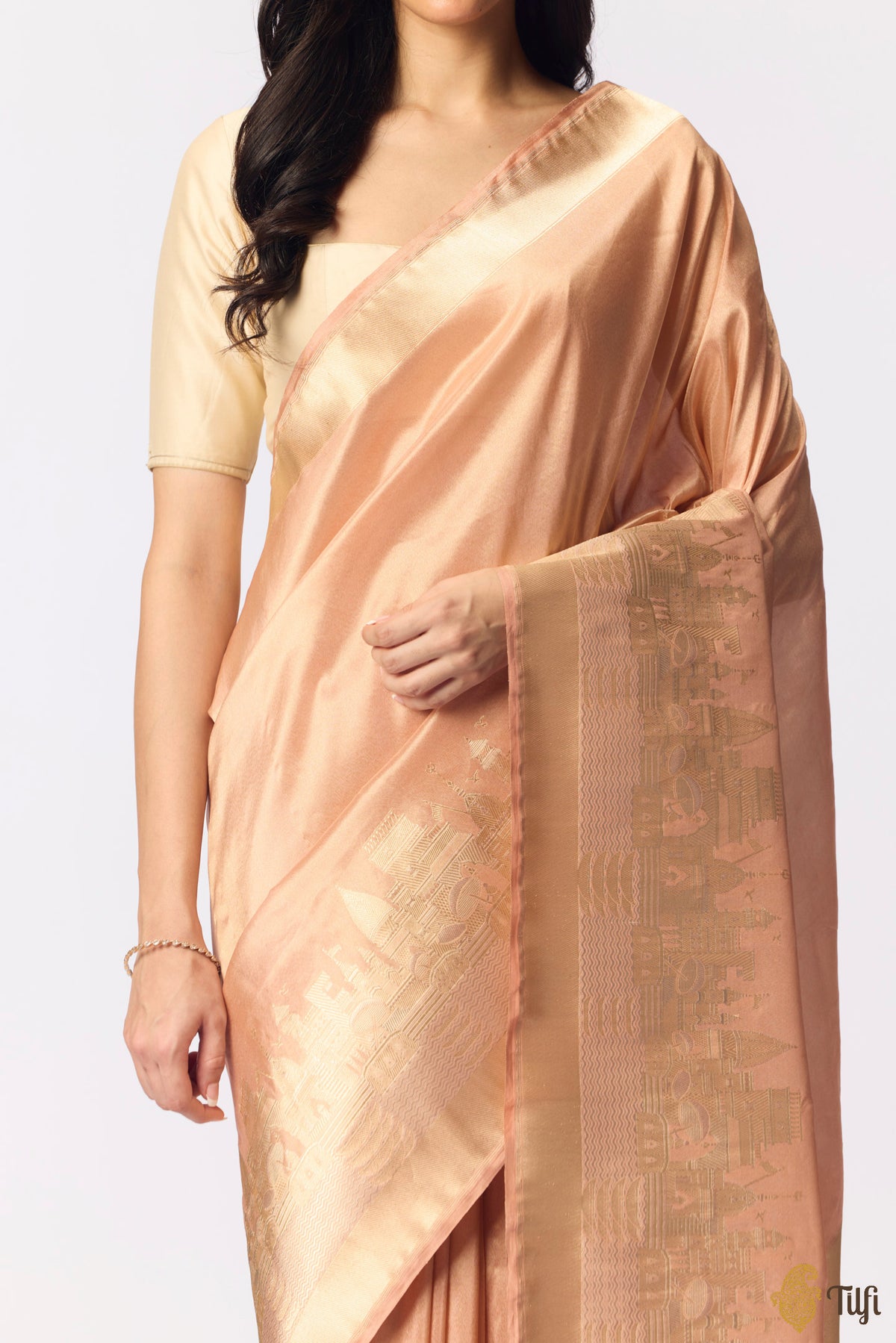 Pre-order: 'Kashi' Peach Pure Katan Silk Tissue Banarasi Handloom Saree