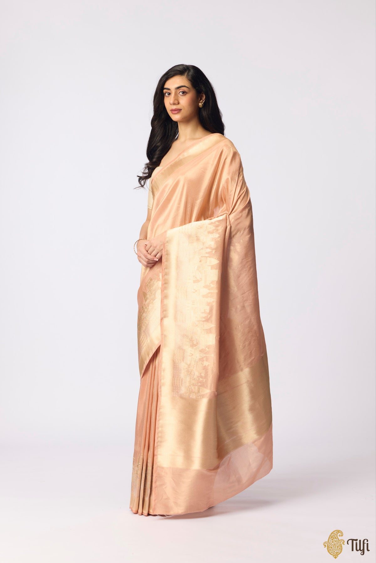 Pre-order: 'Kashi' Peach Pure Katan Silk Tissue Banarasi Handloom Saree