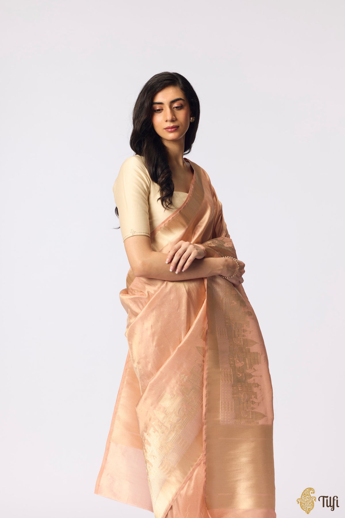 Pre-order: 'Kashi' Peach Pure Katan Silk Tissue Banarasi Handloom Saree