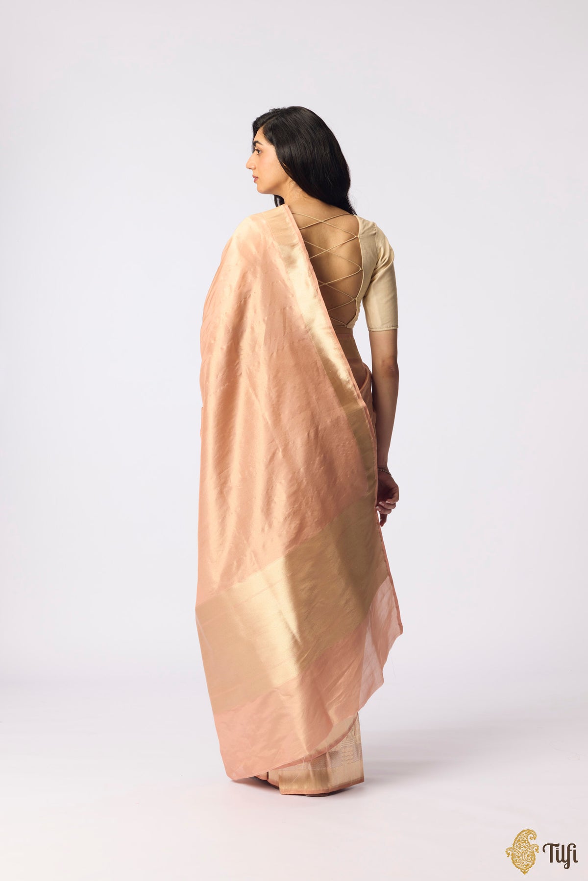 Pre-order: 'Kashi' Peach Pure Katan Silk Tissue Banarasi Handloom Saree