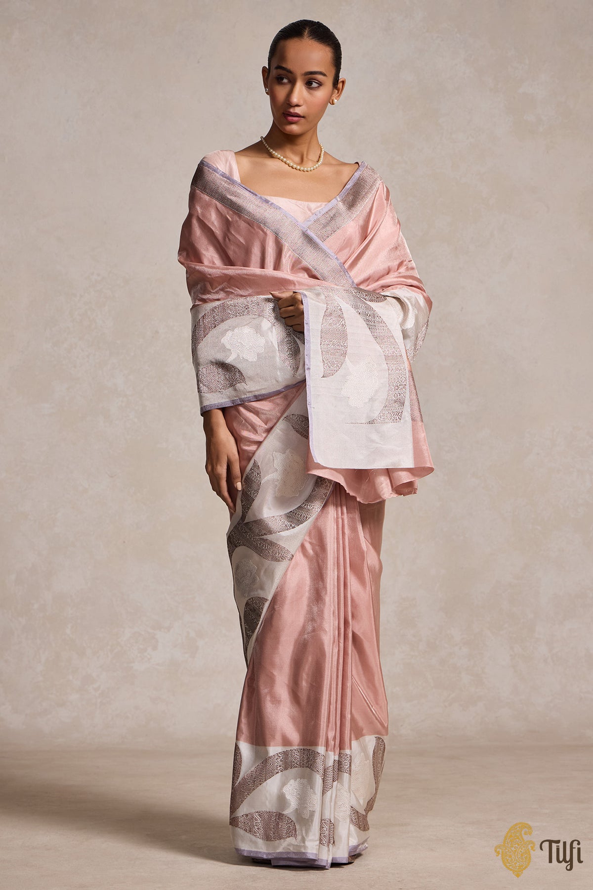 &#39;Zuhra&#39; Pastel Pink-White Pure Ektara Silk Tissue Banarasi Handloom Saree