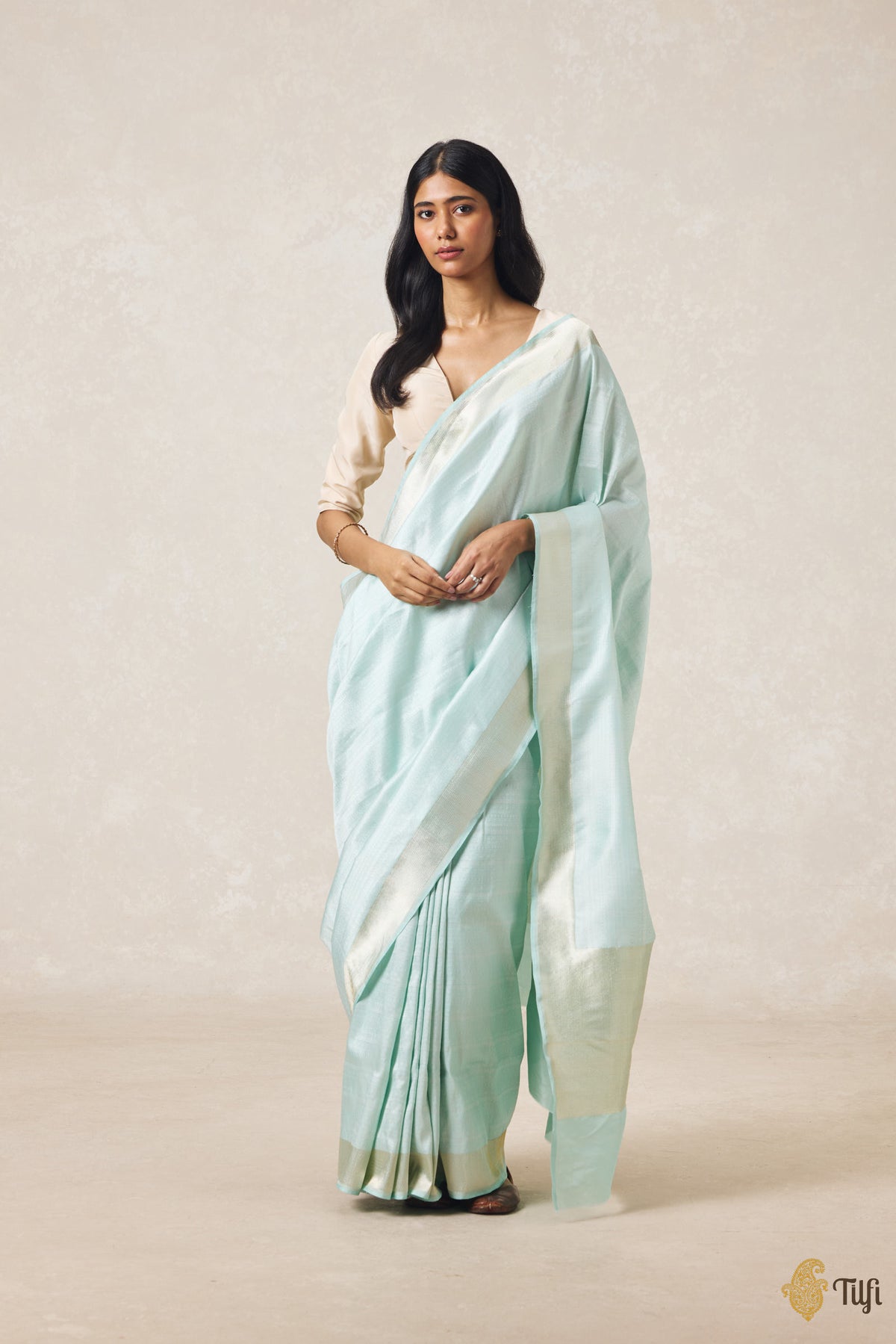 Pre-Order: 'Urvi' Baby Blue Pure Katan Silk Tissue Banarasi Handloom Saree