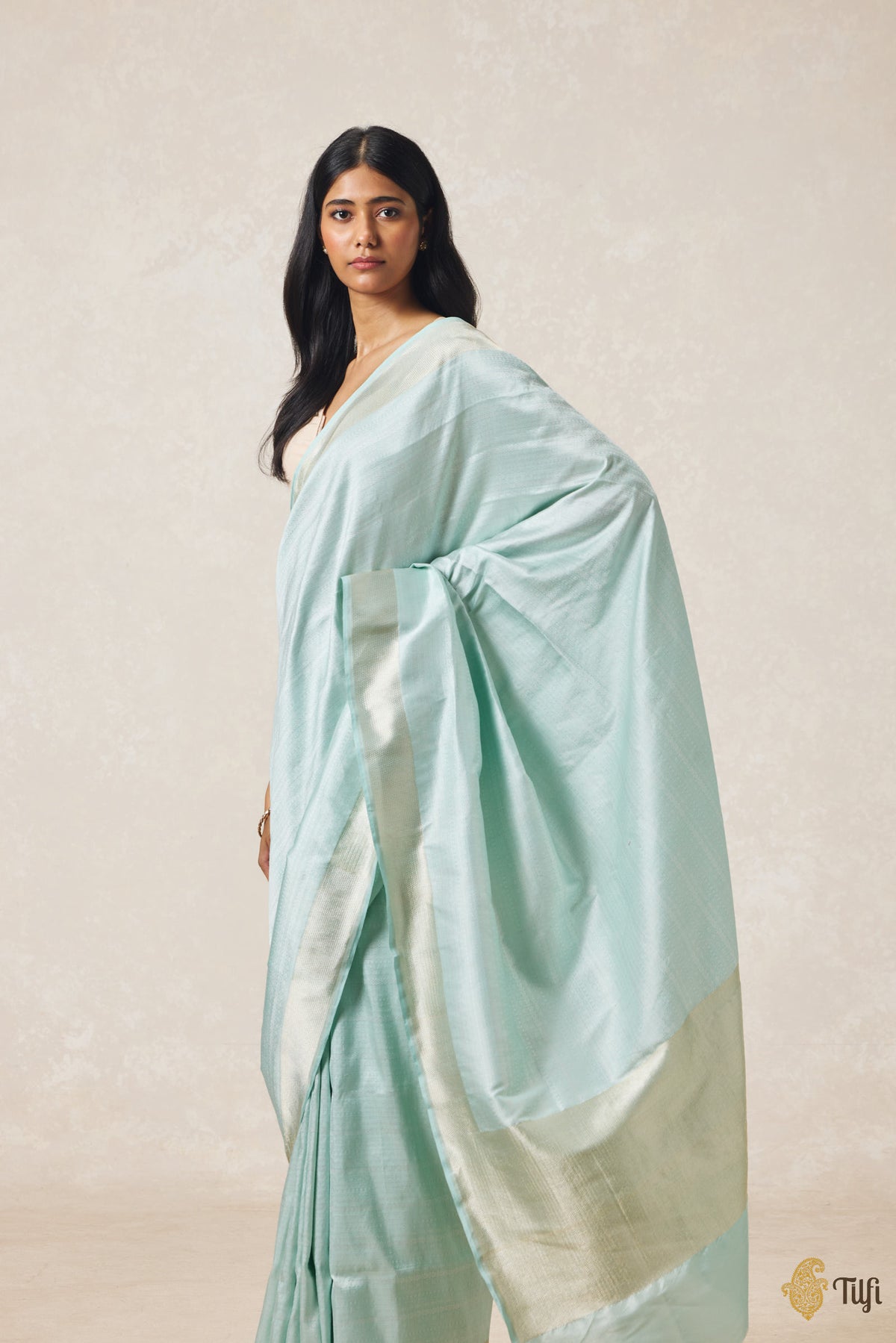 Pre-Order: 'Urvi' Baby Blue Pure Katan Silk Tissue Banarasi Handloom Saree