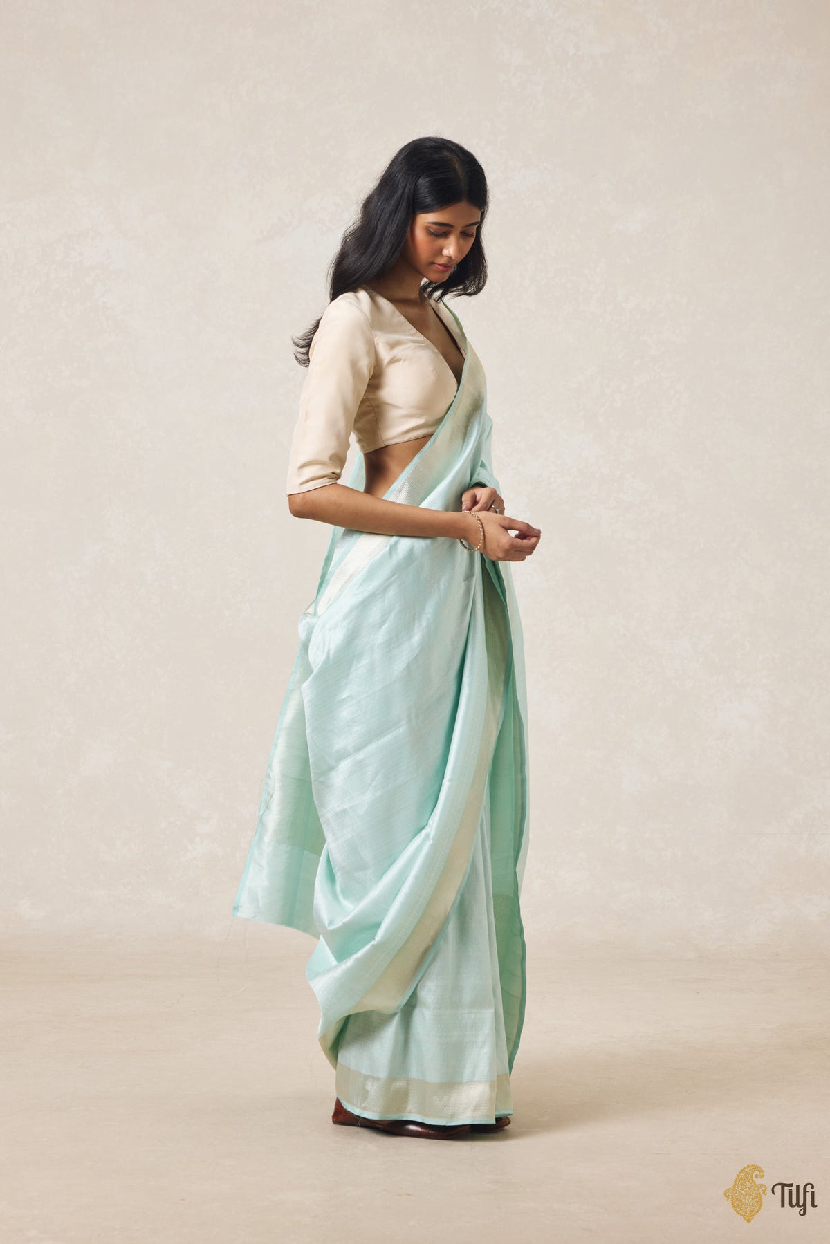 Pre-Order: 'Urvi' Baby Blue Pure Katan Silk Tissue Banarasi Handloom Saree