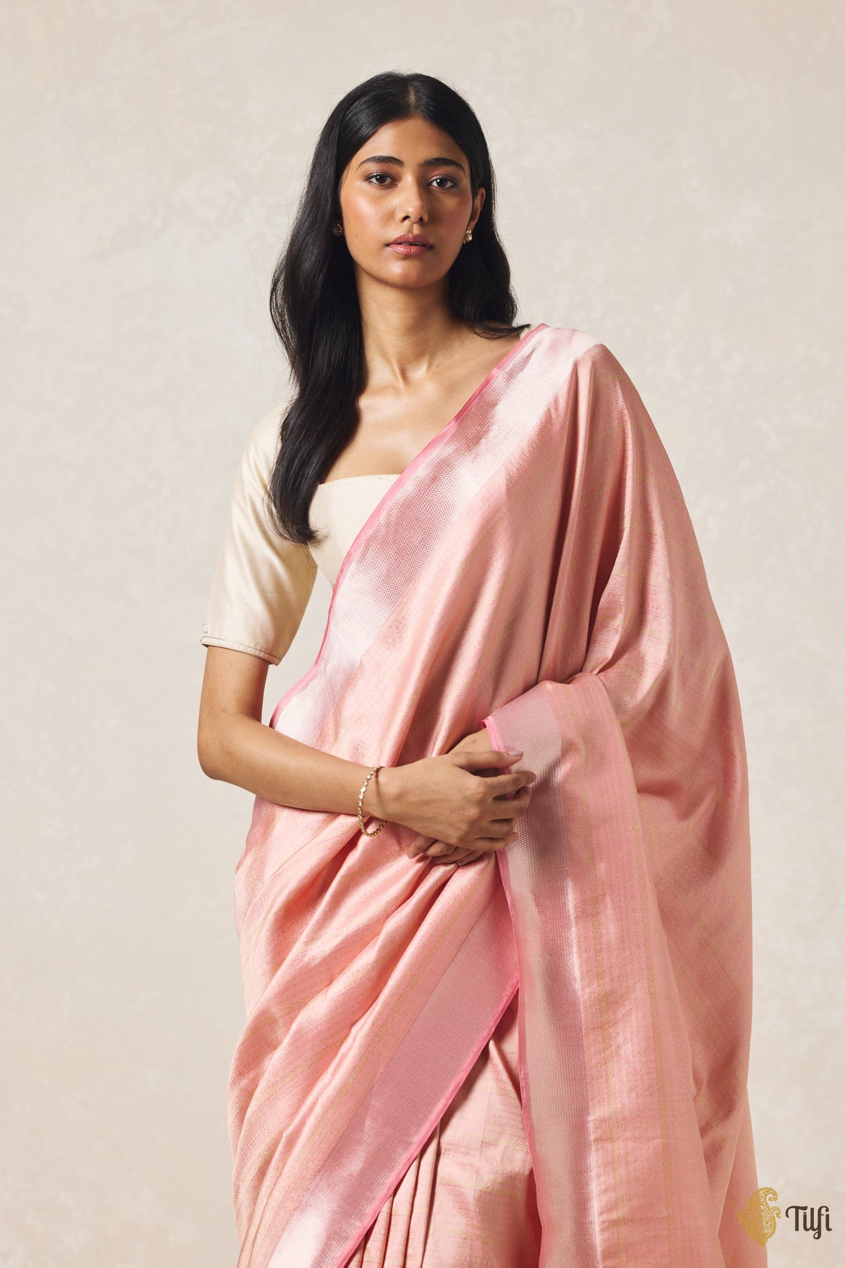 'Urvi' Pink Pure Katan Silk Tissue Banarasi Handloom Saree