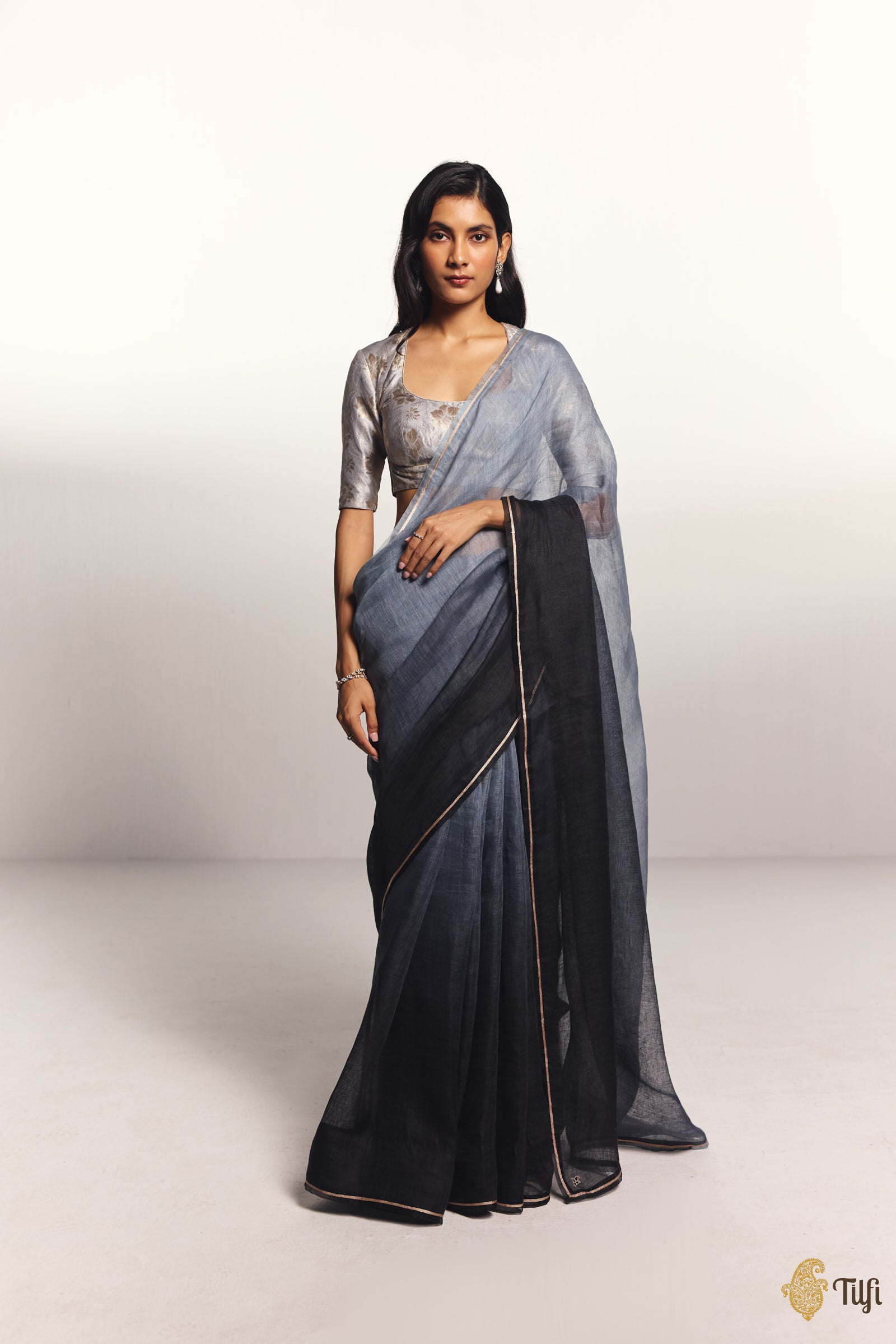 'Sutra' Grey-Black Pure Linen Banarasi Handloom Tilfi Essentials Saree