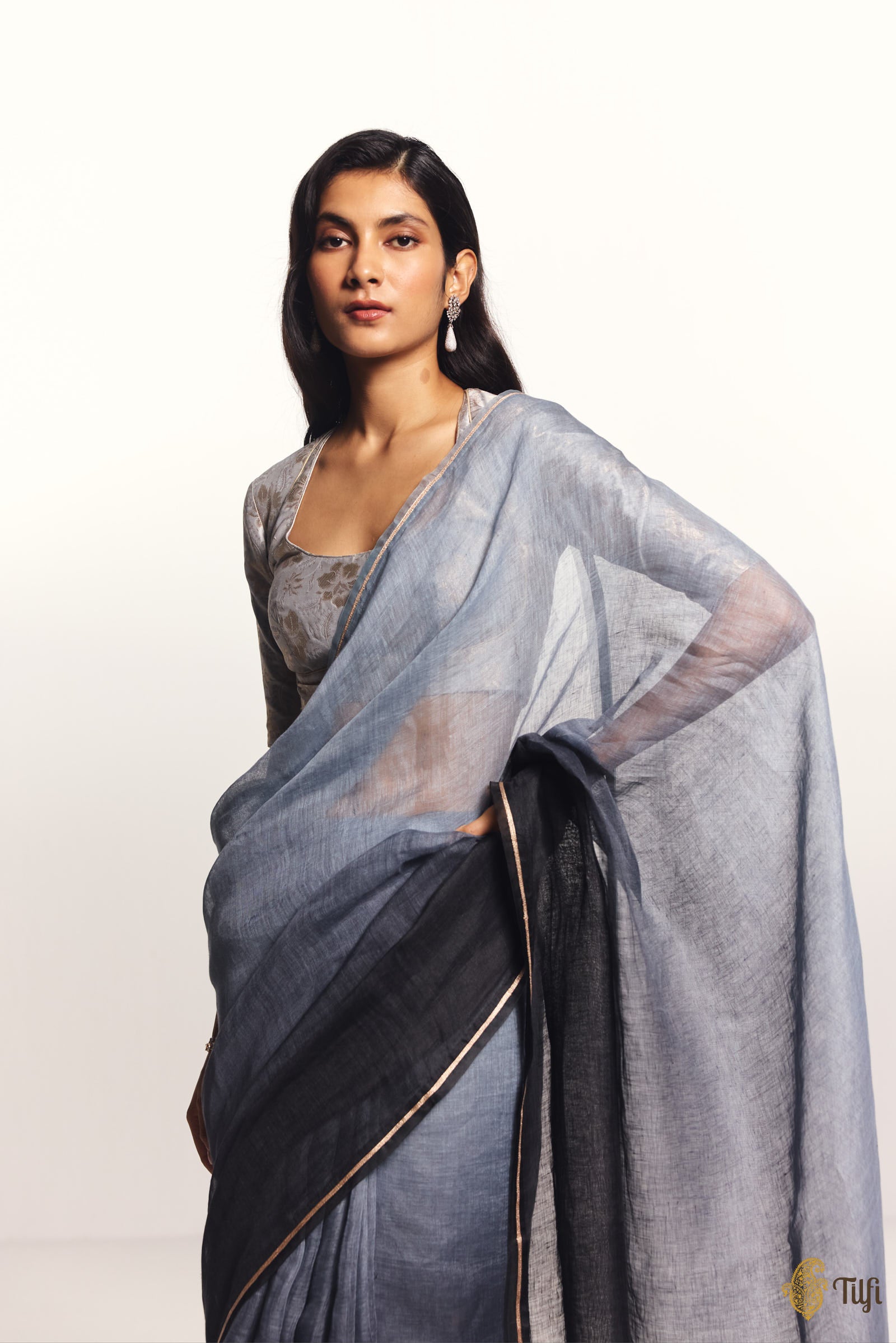 'Sutra' Grey-Black Pure Linen Banarasi Handloom Tilfi Essentials Saree