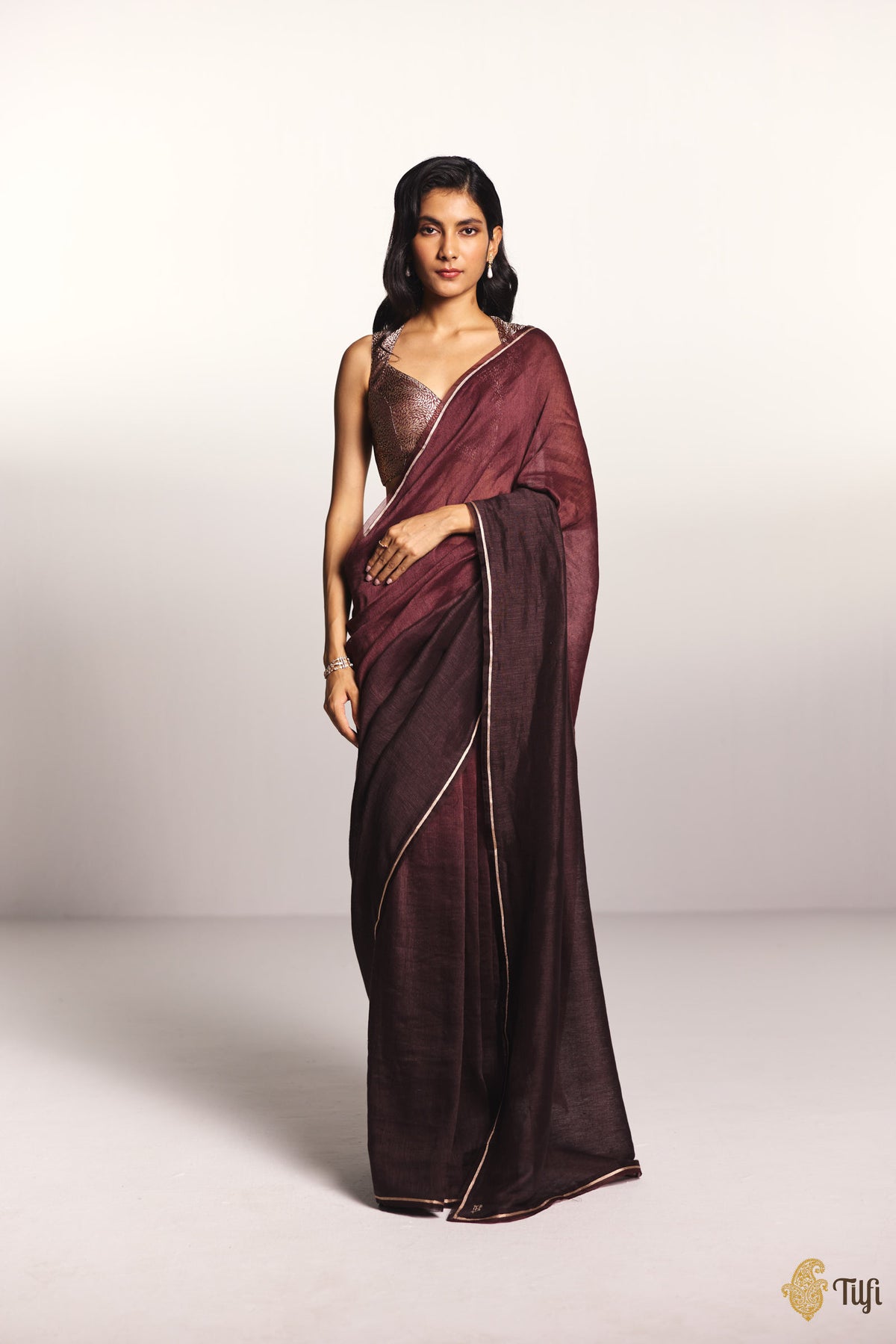 'Sutra' Maroon-Brown Pure Linen Banarasi Handloom Tilfi Essentials Saree