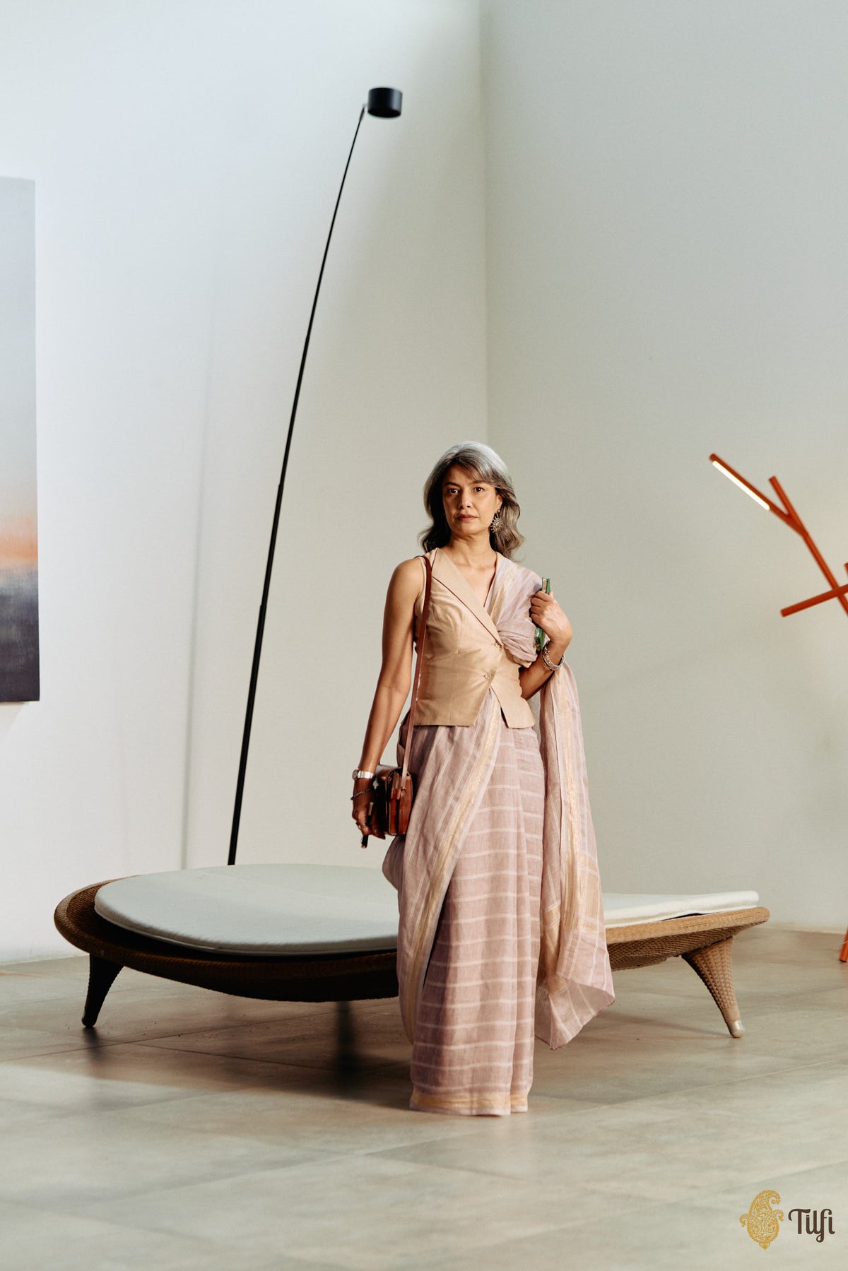 'Anjolie' Taupe Brown Pure Linen Banarasi Handloom Saree