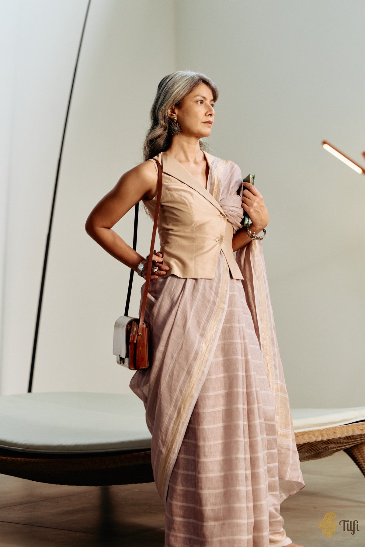 'Anjolie' Taupe Brown Pure Linen Banarasi Handloom Saree