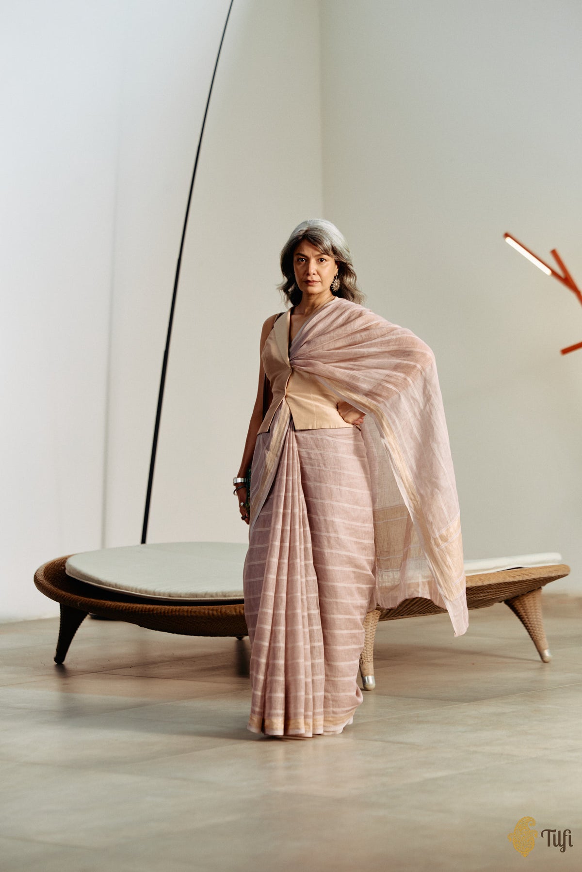 'Anjolie' Taupe Brown Pure Linen Banarasi Handloom Saree