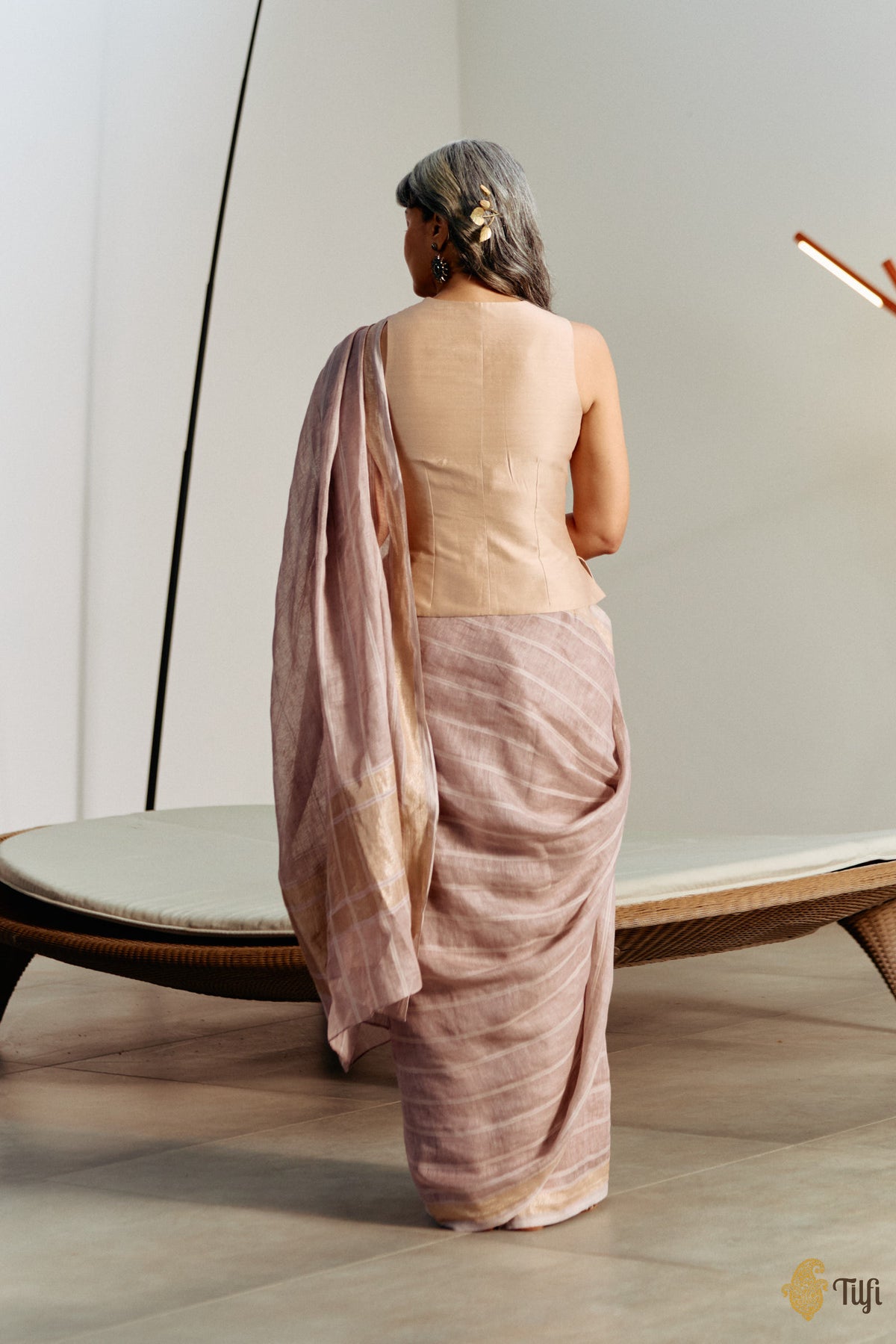 'Anjolie' Taupe Brown Pure Linen Banarasi Handloom Saree
