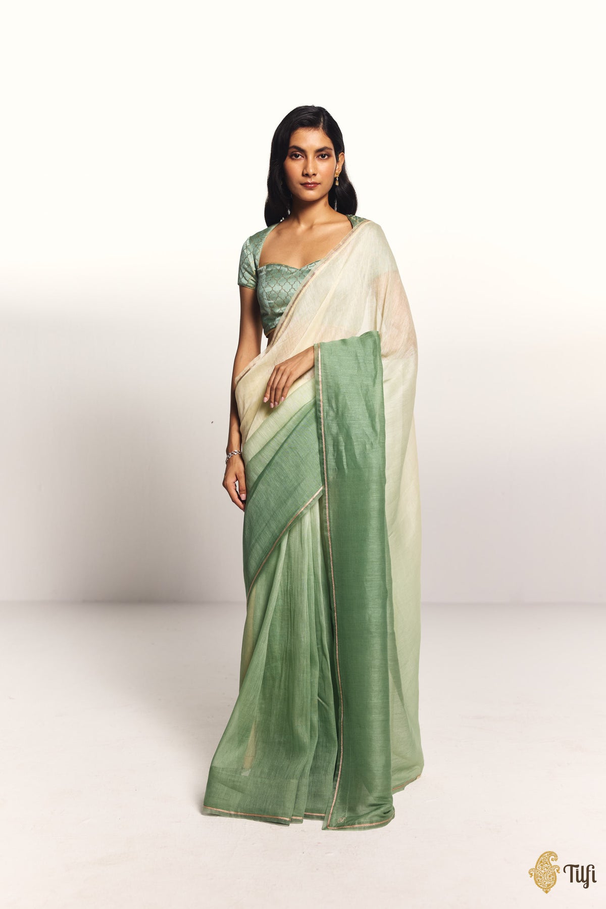 Pre-Order: 'Sutra' Cream-Sage Pure Linen Banarasi Handloom Tilfi Essentials Saree