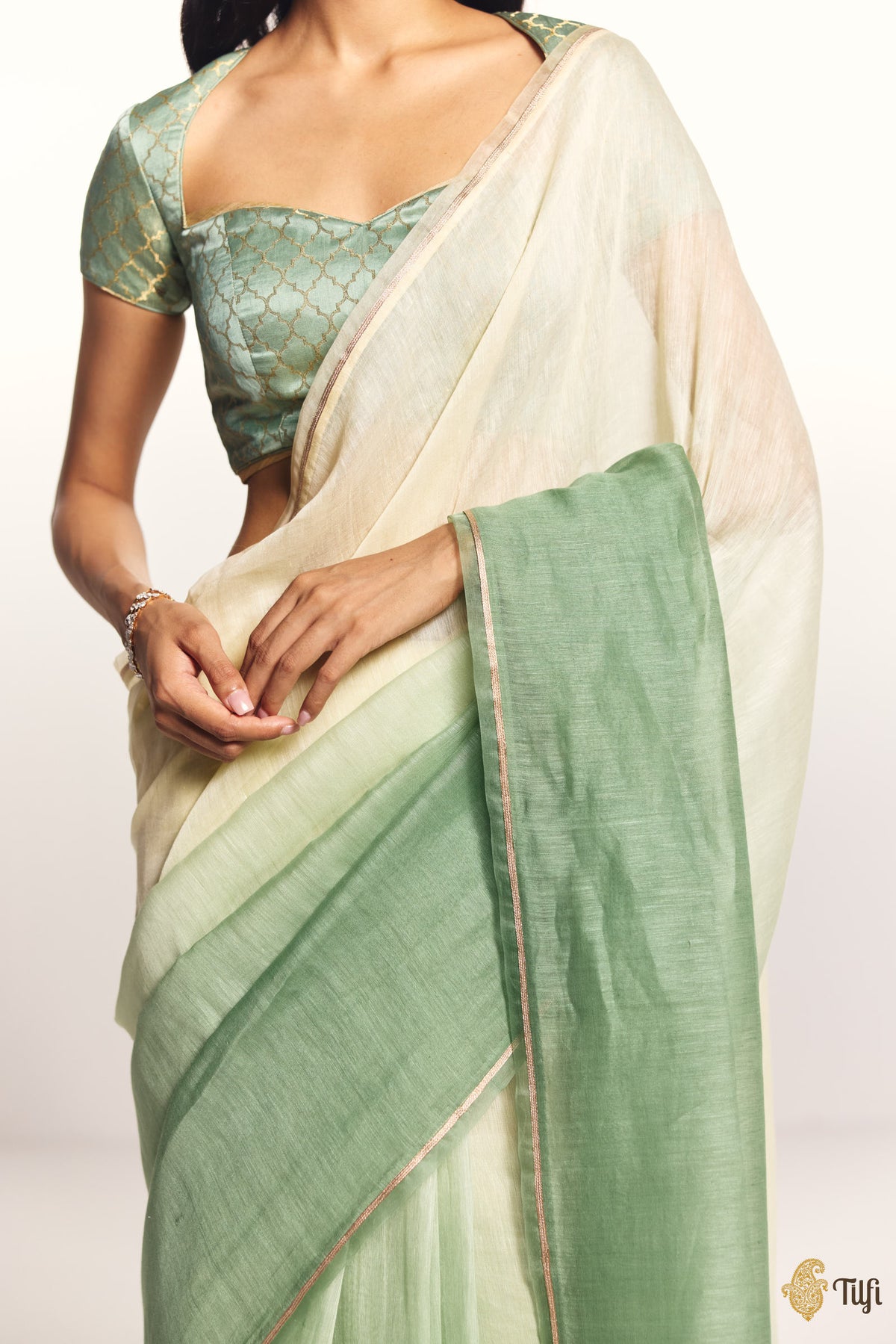 Pre-Order: 'Sutra' Cream-Sage Pure Linen Banarasi Handloom Tilfi Essentials Saree