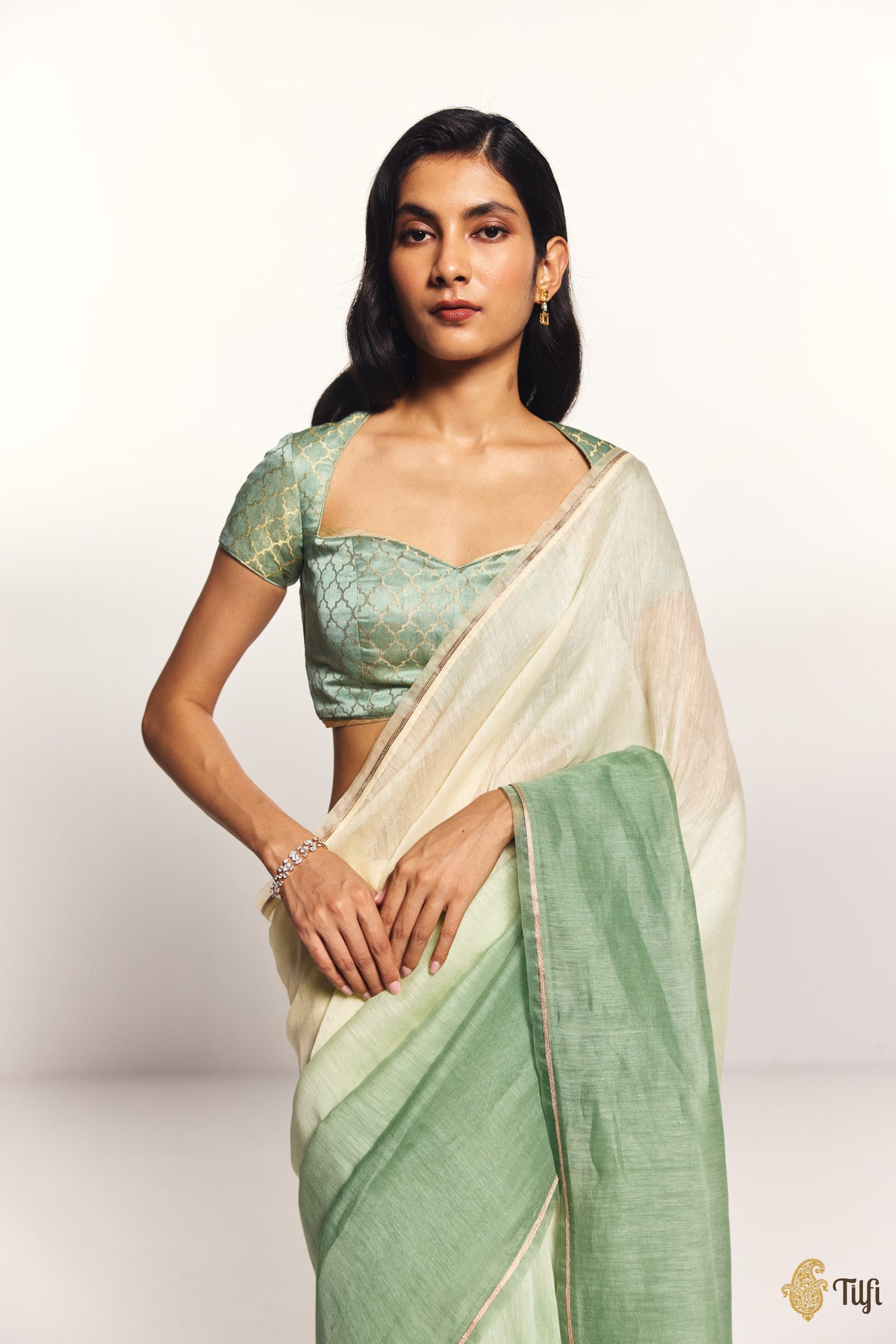 Pre-Order: 'Sutra' Cream-Sage Pure Linen Banarasi Handloom Tilfi Essentials Saree