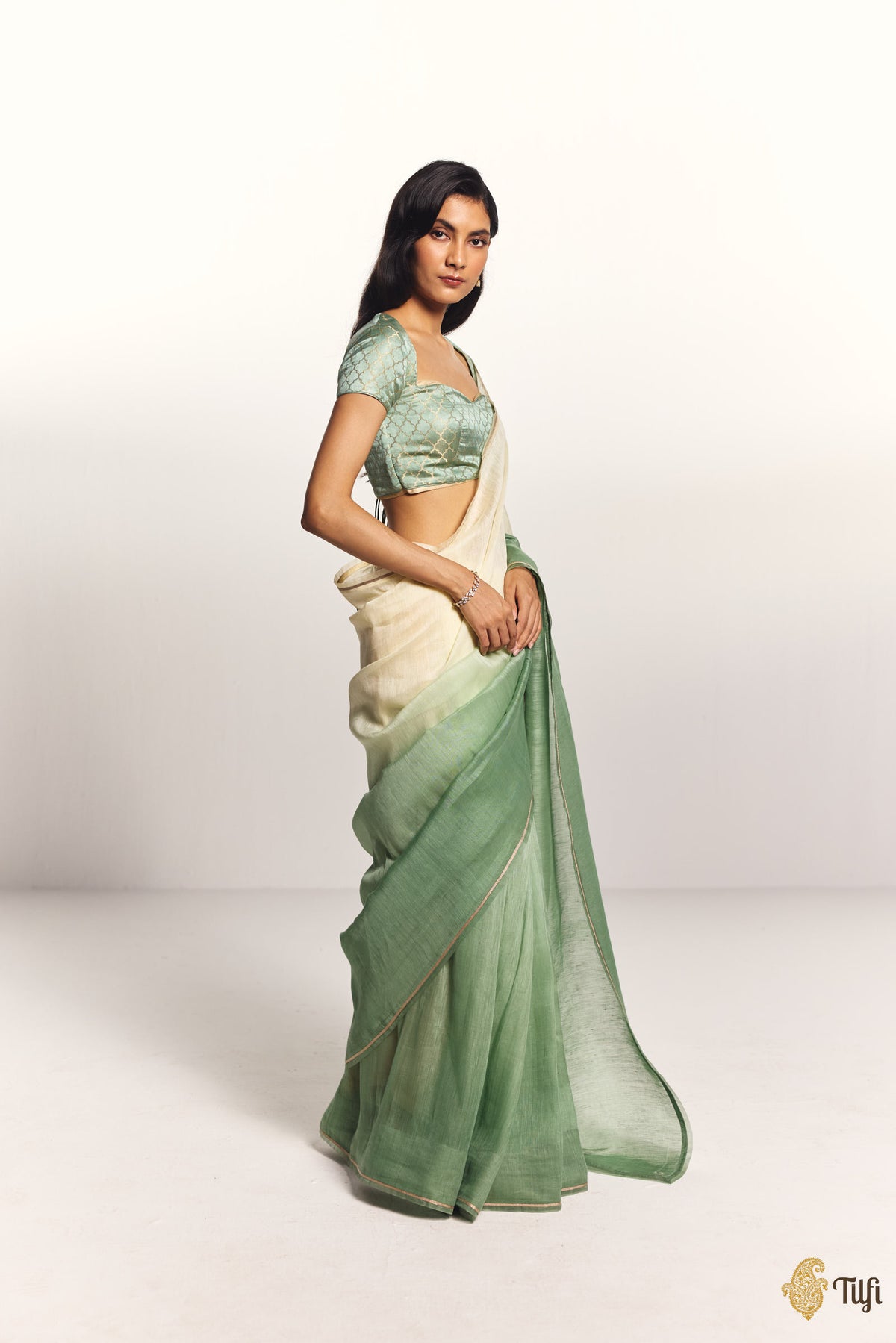 Pre-Order: 'Sutra' Cream-Sage Pure Linen Banarasi Handloom Tilfi Essentials Saree