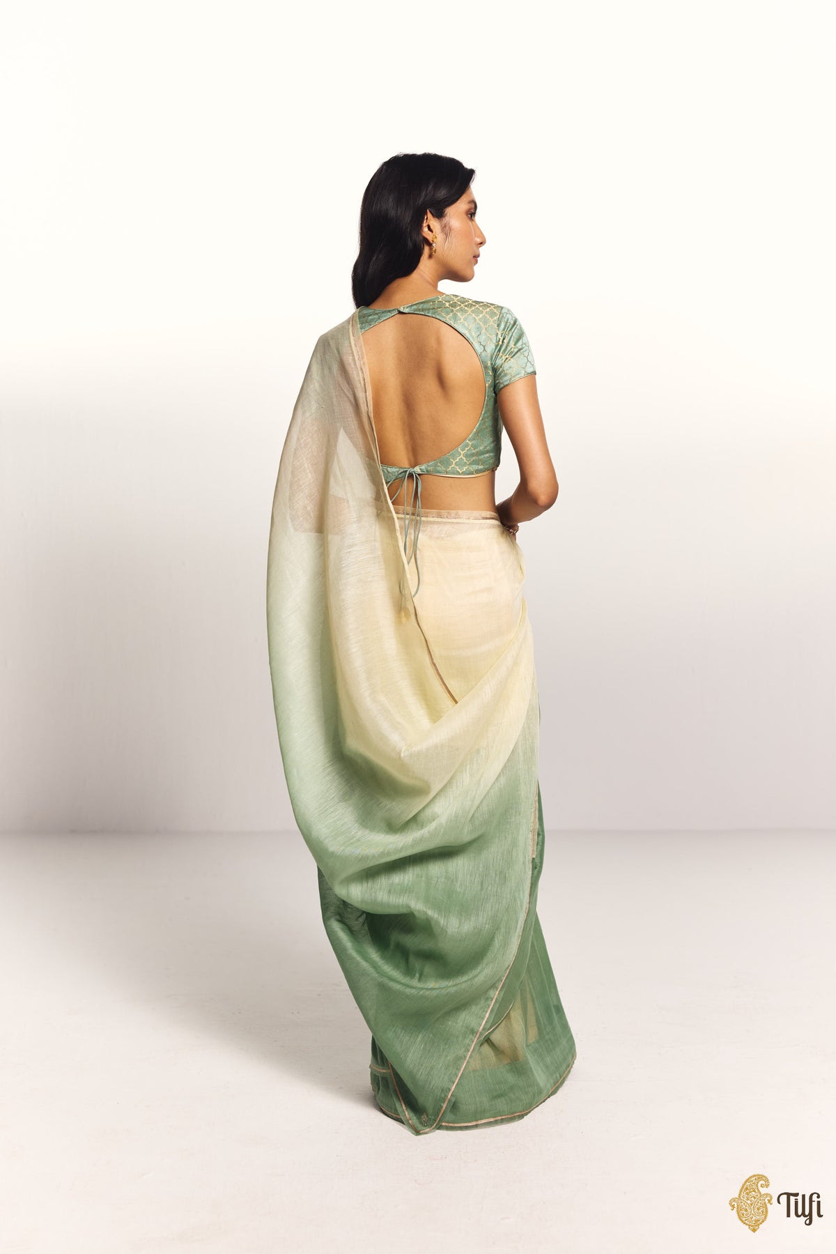 Pre-Order: 'Sutra' Cream-Sage Pure Linen Banarasi Handloom Tilfi Essentials Saree