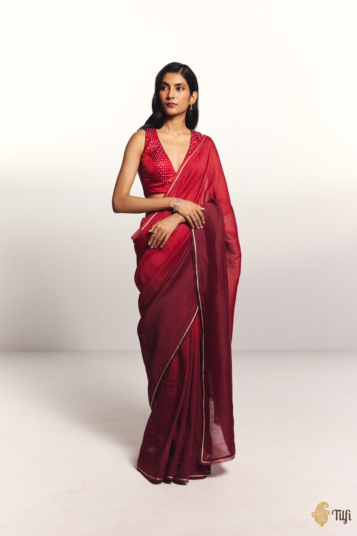 Pre-Order: 'Sutra' Red-Maroon Pure Linen Banarasi Handloom Tilfi Essentials Saree