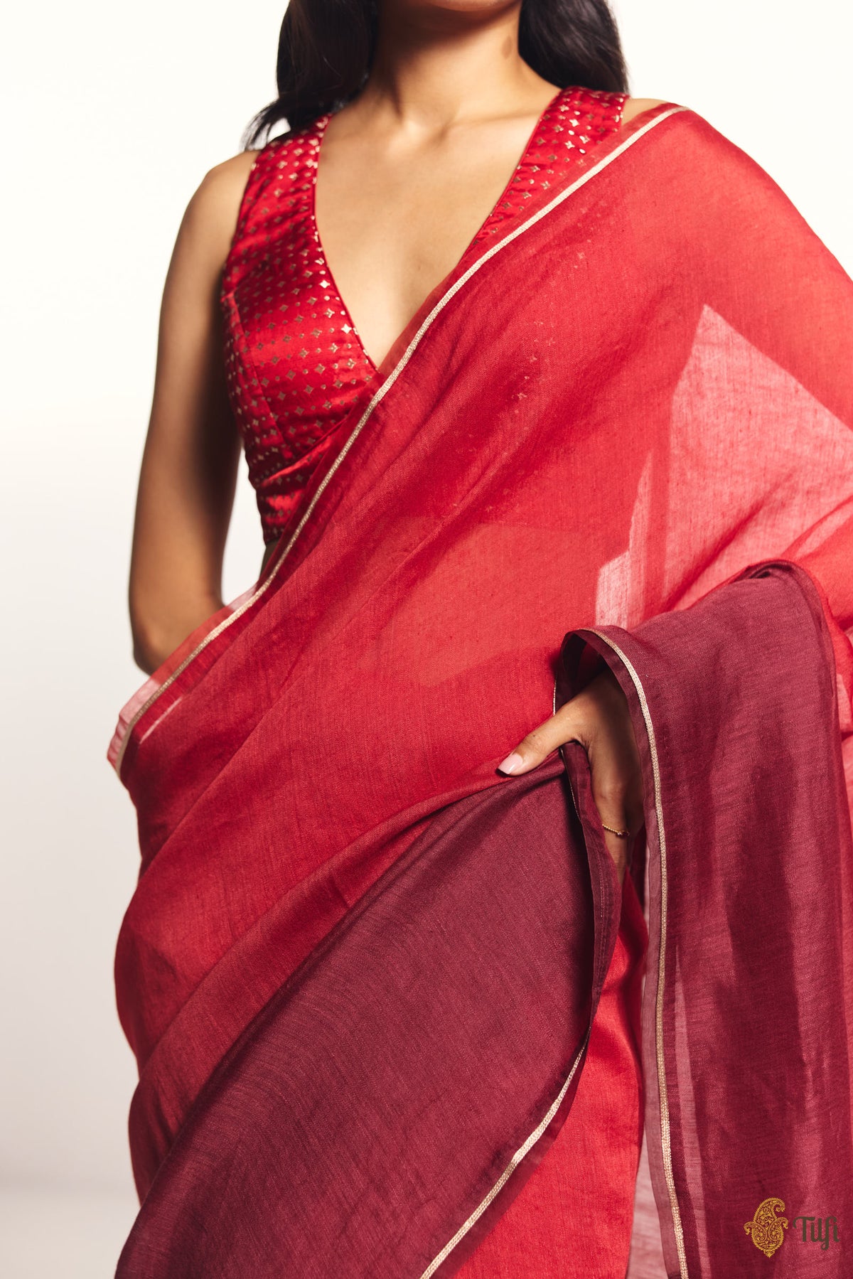 Pre-Order: 'Sutra' Red-Maroon Pure Linen Banarasi Handloom Tilfi Essentials Saree