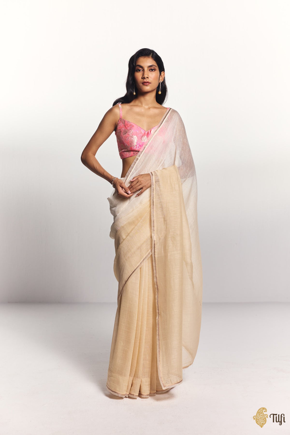 Pre-Order: 'Sutra' Off-White-Beige Pure Linen Banarasi Handloom Tilfi Essentials Saree