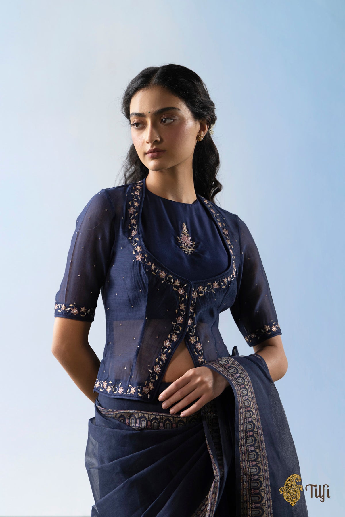 Blue layered embroidered blouse