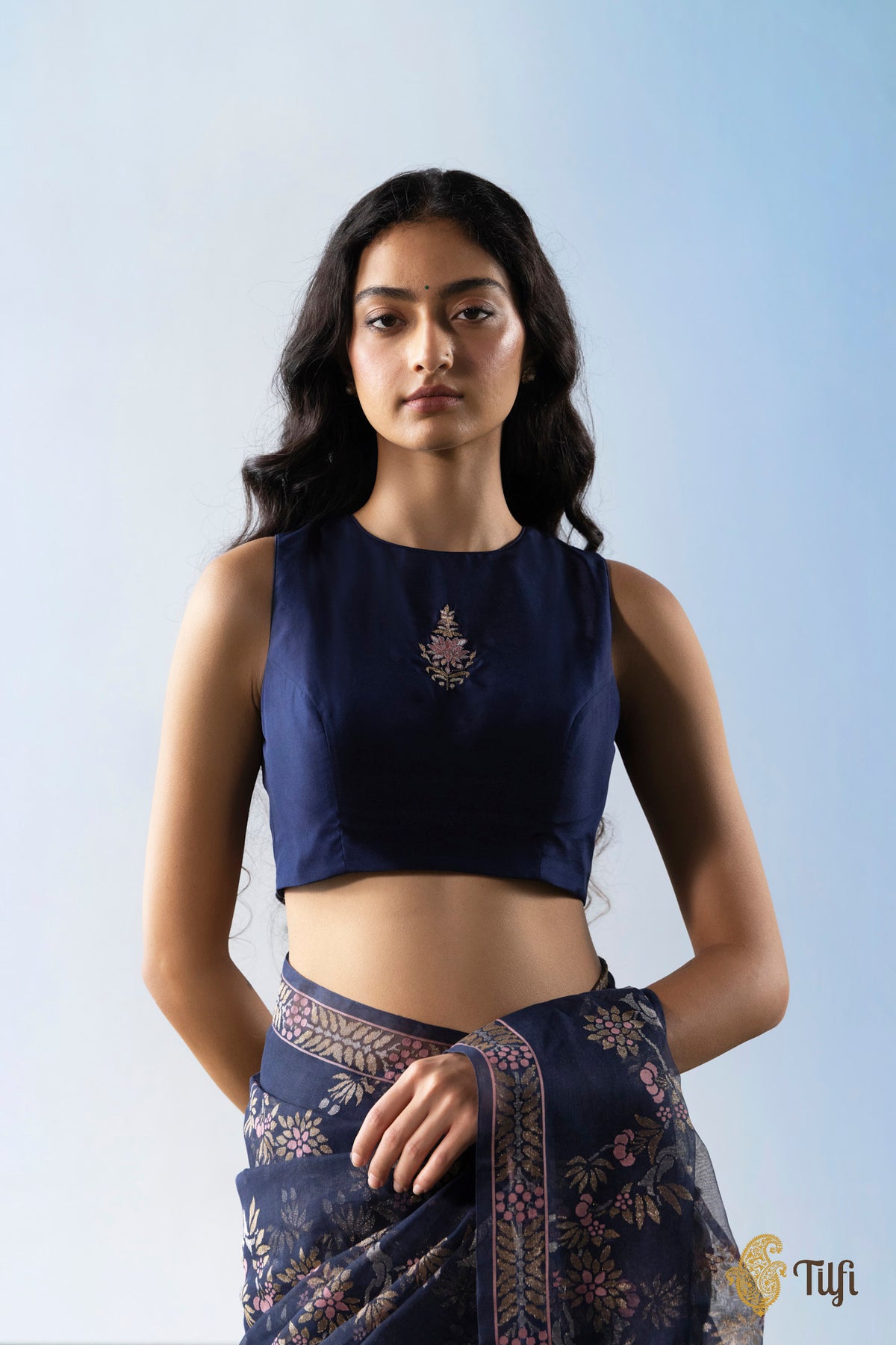 Blue layered embroidered blouse