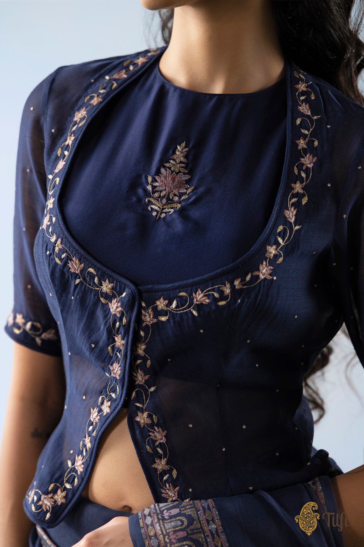 Blue layered embroidered blouse