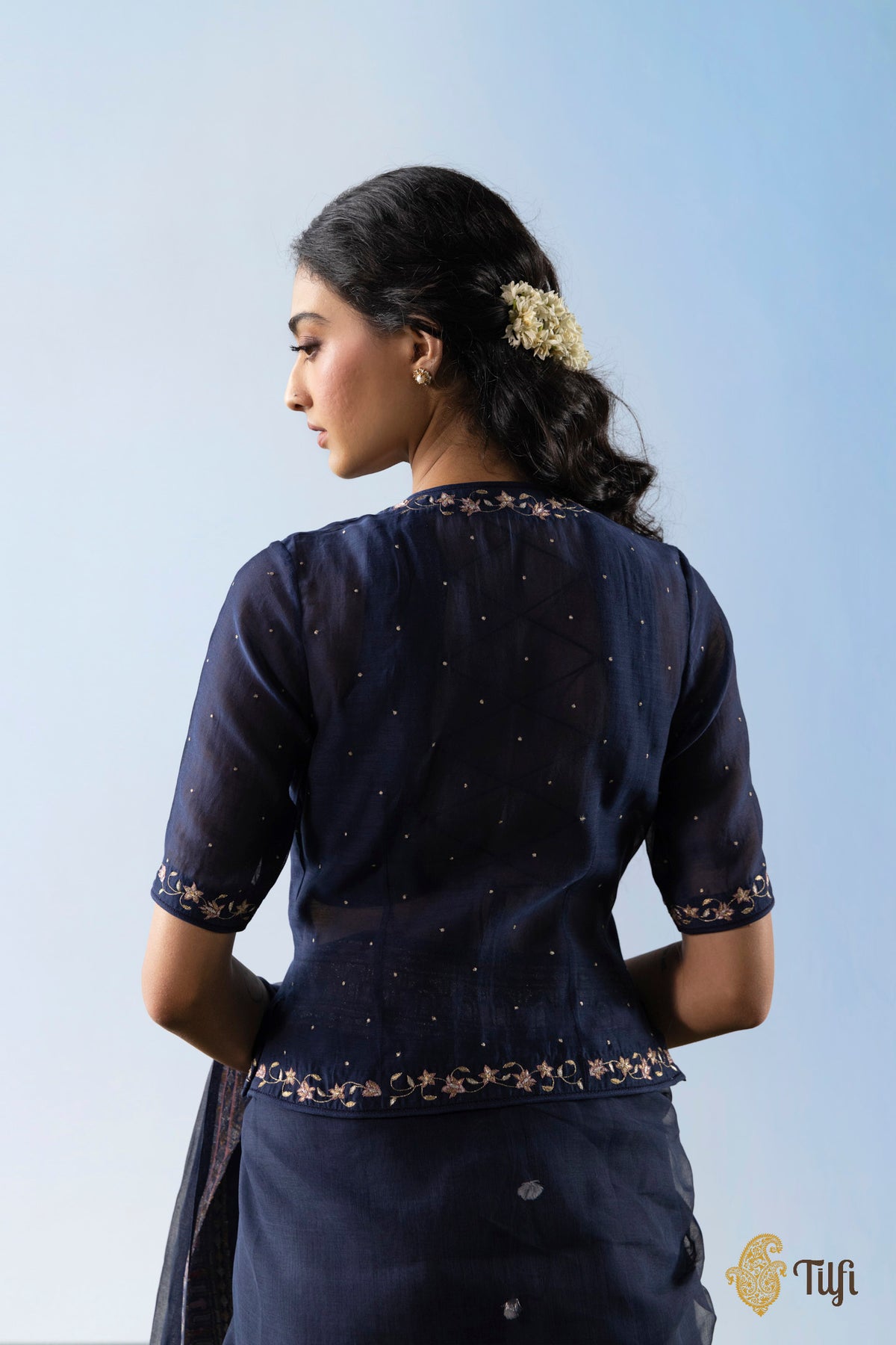Blue layered embroidered blouse