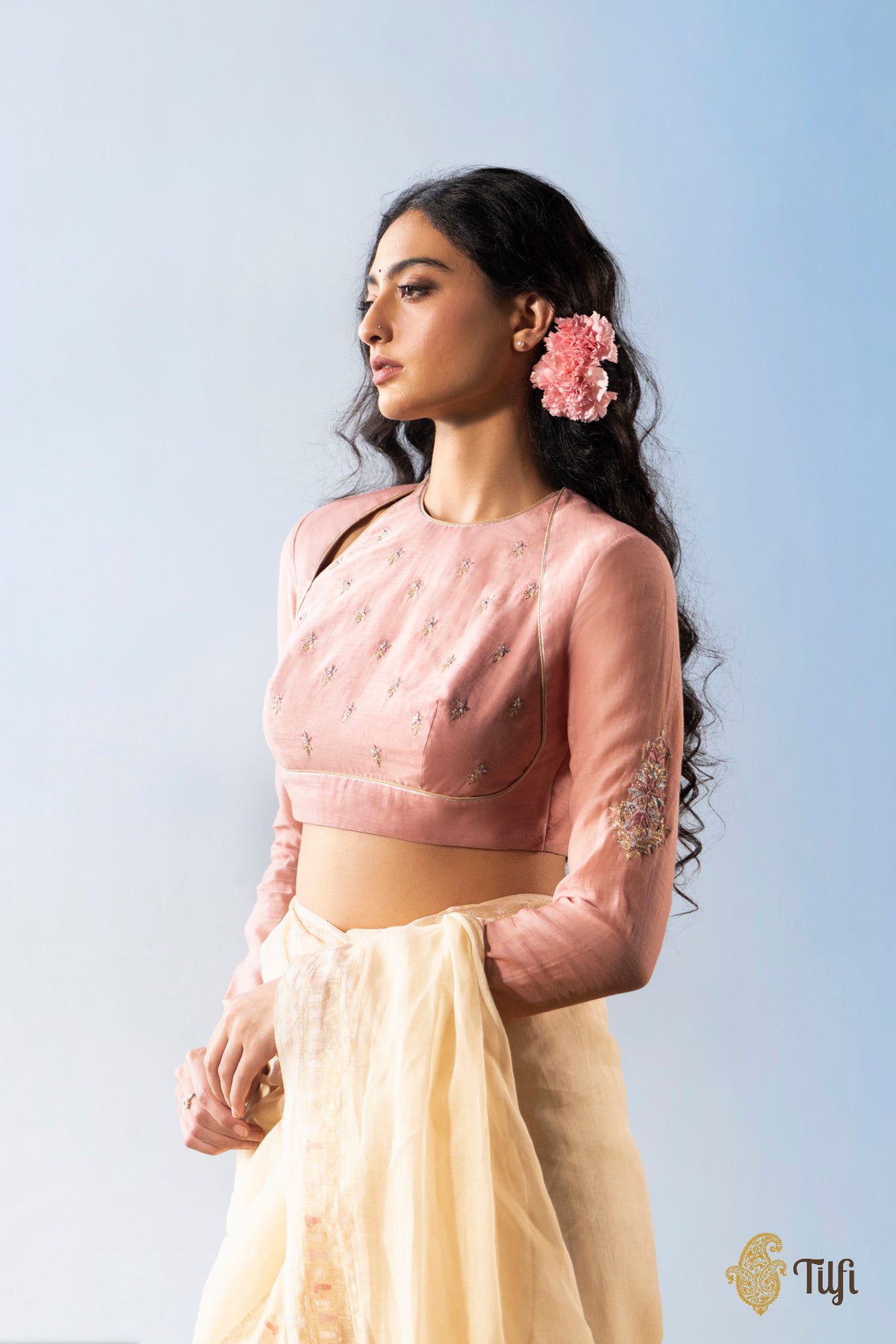 Pink full sleeved embroidered blouse