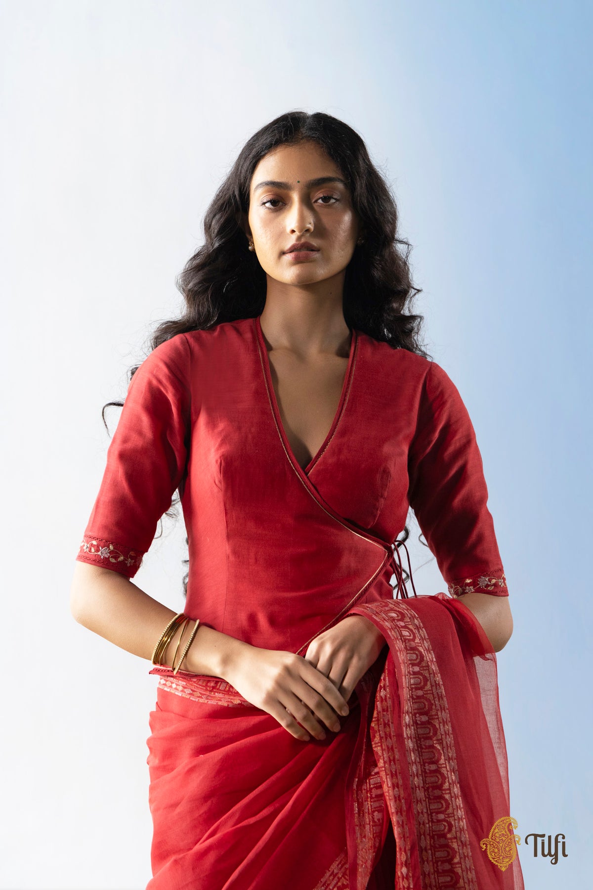 Red angraklha embroidered blouse