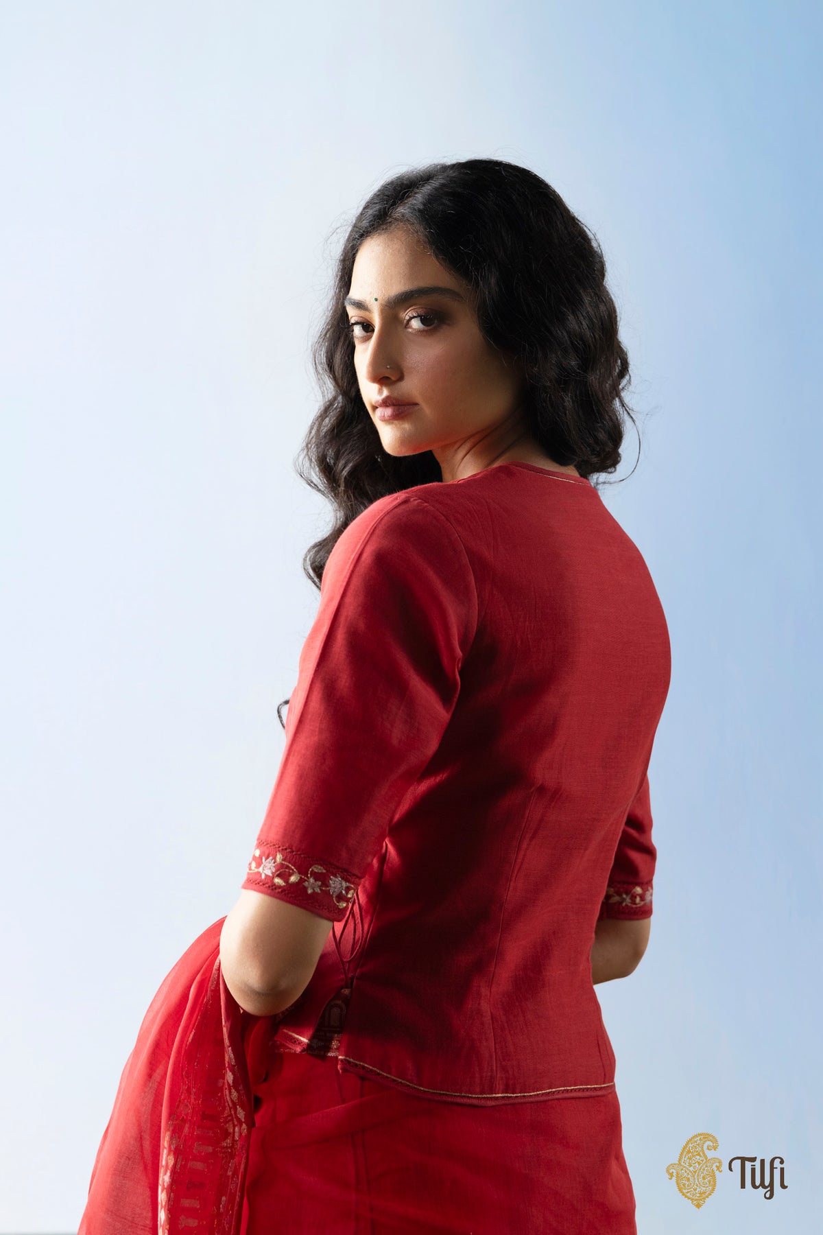 Red angraklha embroidered blouse