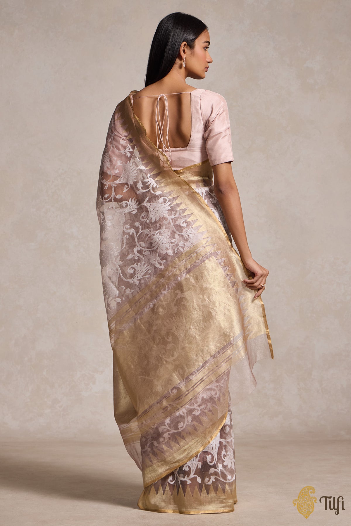 Light Brown Pure Kora Silk Net Tissue Banarasi Handloom Saree