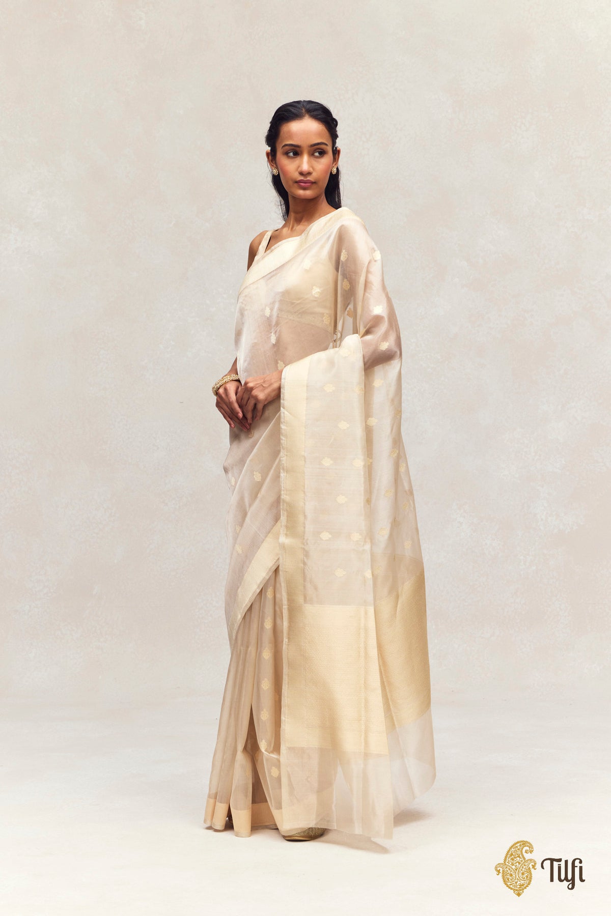 Cream-Gold Kadhua Gold Booti Kora Tissue Saree