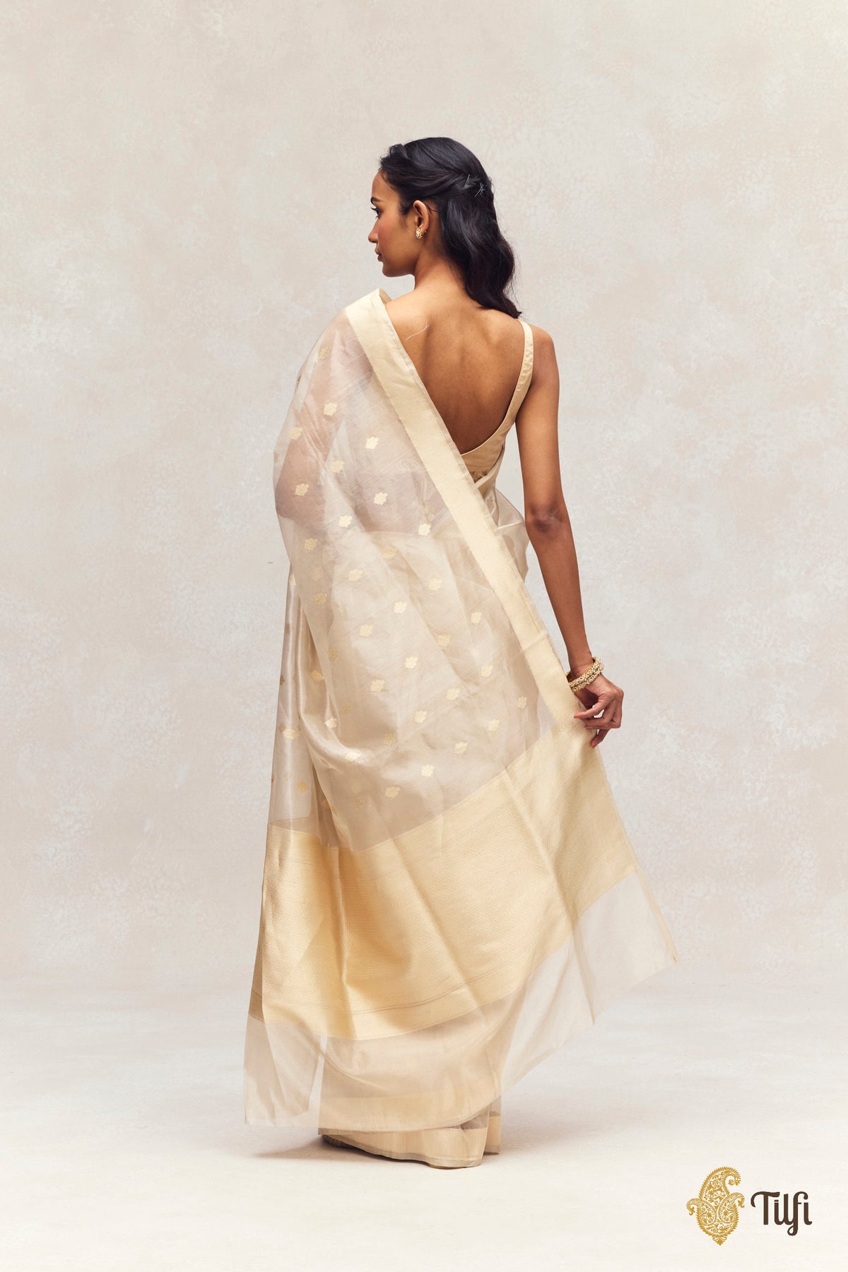 Cream-Gold Kadhua Gold Booti Kora Tissue Saree