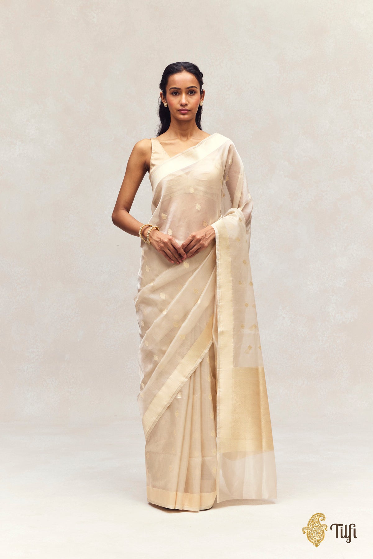 Cream-Gold Kadhua Gold Booti Kora Tissue Saree