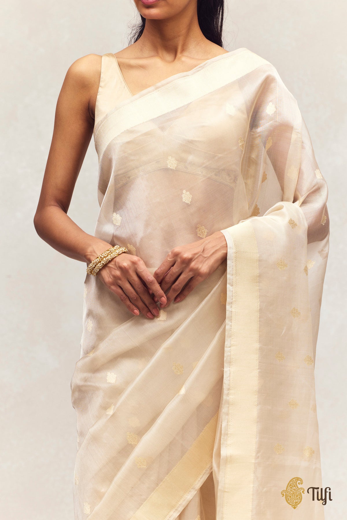Cream-Gold Kadhua Gold Booti Kora Tissue Saree